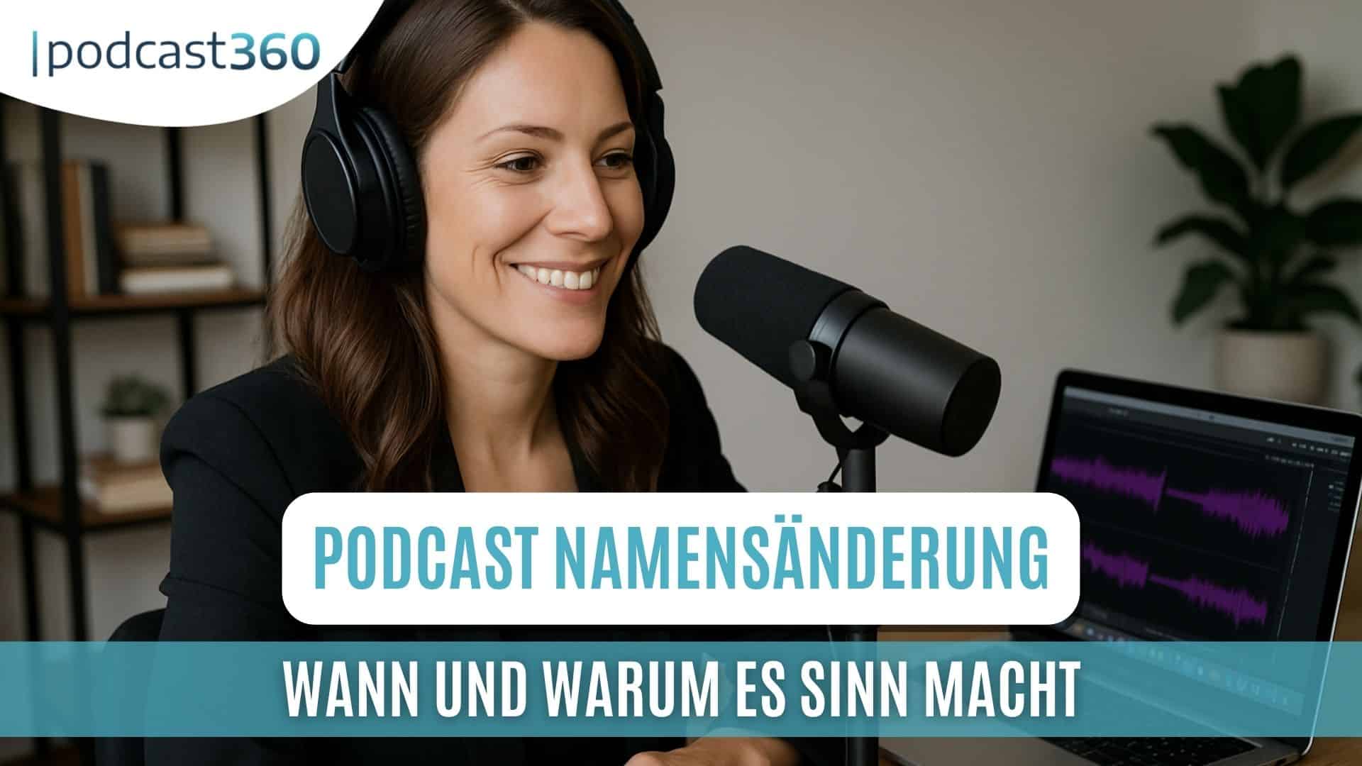 Lächelnde Frau mit Kopfhörern spricht in ein Mikrofon an einem Schreibtisch mit einem Laptop.