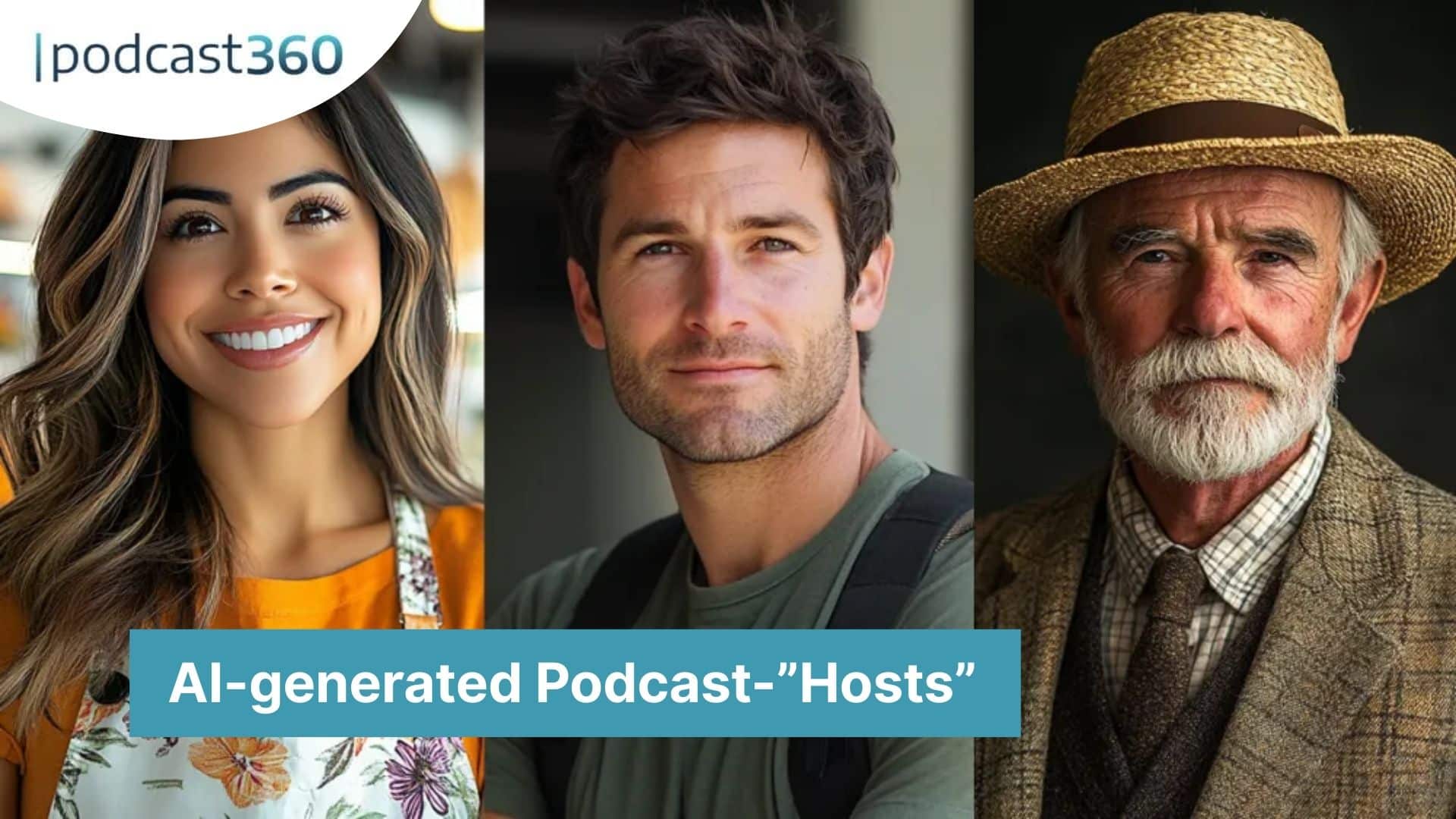Drei verschiedene Personen posierten nebeneinander mit dem Text "KI-generierte Podcast-'Hosts'" am unteren Rand, um die Zukunft von KI-gestützten Podcasts zu verdeutlichen.