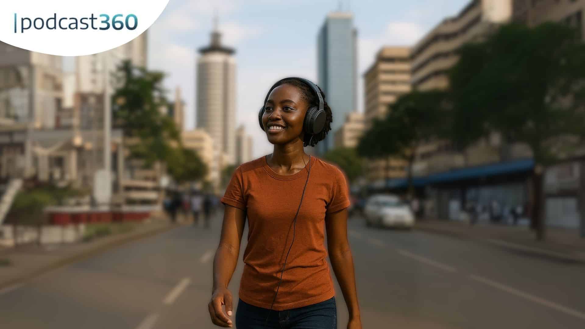 Eine lächelnde Frau mit Kopfhörern geht durch eine Straße in Nairobi mit hohen Gebäuden; das "podcast360"-Logo in der Ecke fängt den pulsierenden Geist der Podcast-Szene in Afrika ein.