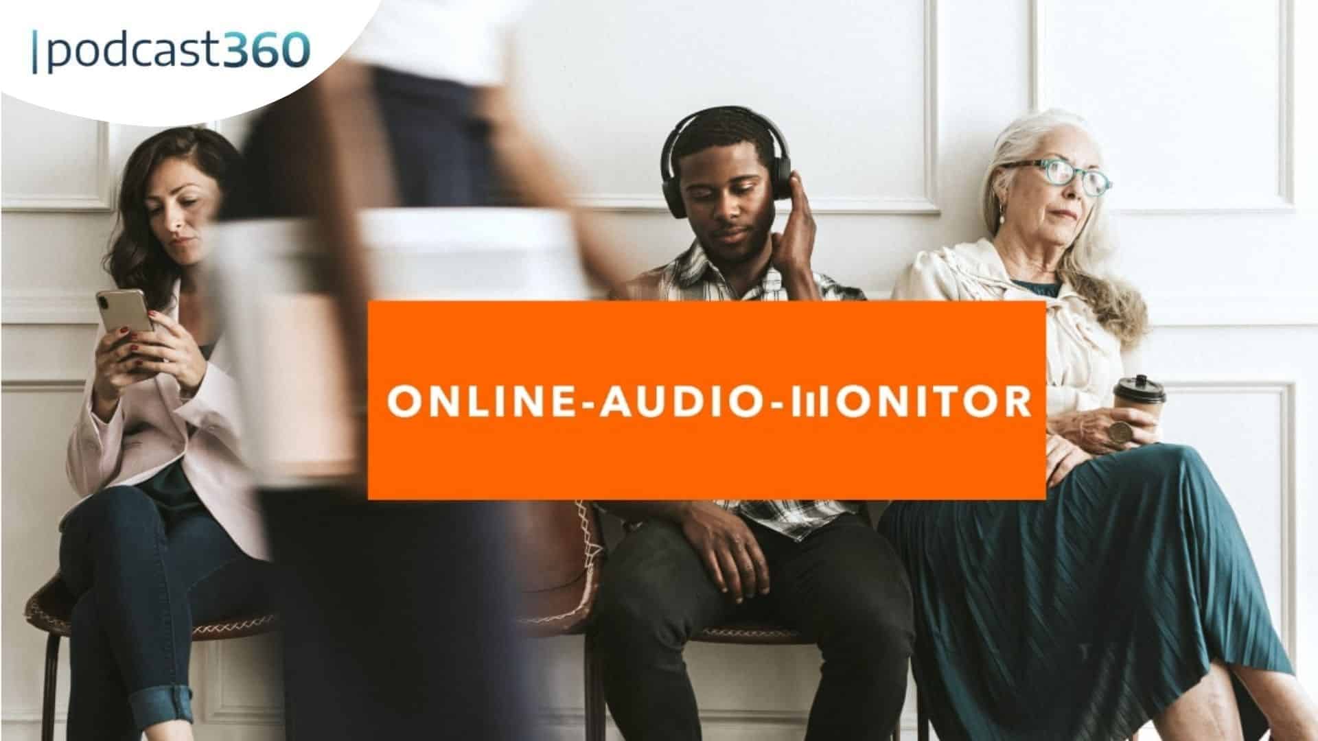 Drei Personen sitzen auf einer Bank und benutzen Geräte; auf einem fetten orangefarbenen Banner steht "ONLINE AUDIO MONITOR". Studie zeigt Podcast-Nutzungstrends in Deutschland auf - mit OAM 2025 Erkenntnisse gewinnen.