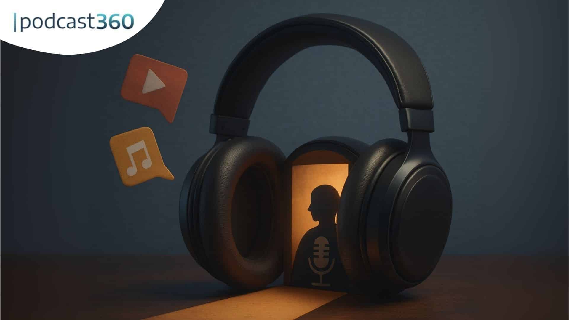 Große schwarze Kopfhörer umgeben einen Ausschnitt einer Person mit einem Mikrofon, der an einen Podcast erinnert, mit Musik- und Wiedergabesymbolen - perfekt, um deine Reihenfolge oder deine Lieblingsmomente auf TikTok zu teilen.