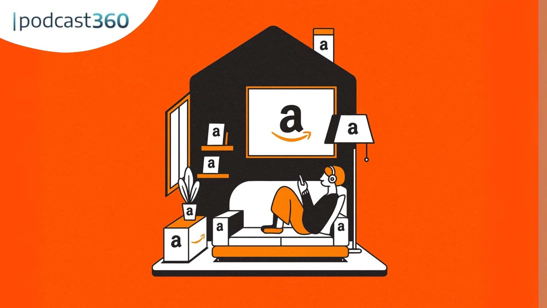 Illustration einer Person auf einer Couch mit Amazon-Logos, die einen Podcast anhört, "podcast360"-Text in der Ecke, der die Podcast-Werbung und die DSP-Revolution im Audio-Streaming beleuchtet.