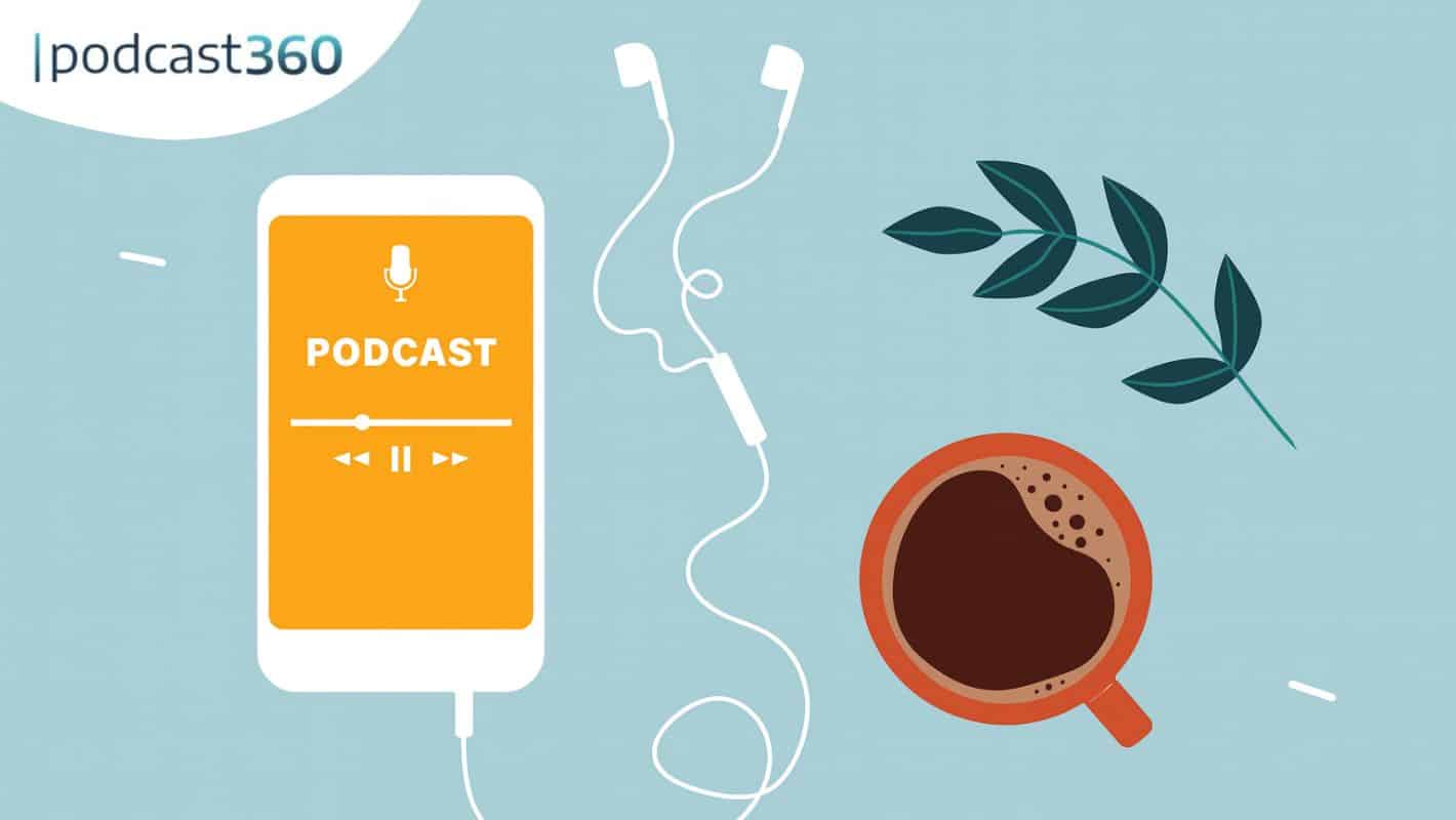 Illustration eines Telefons, das Podcasts abspielt - dein Alltagsbegleiter - zusammen mit Ohrhörern, einer Kaffeetasse und einem grünen Zweig auf einem hellblauen Hintergrund.