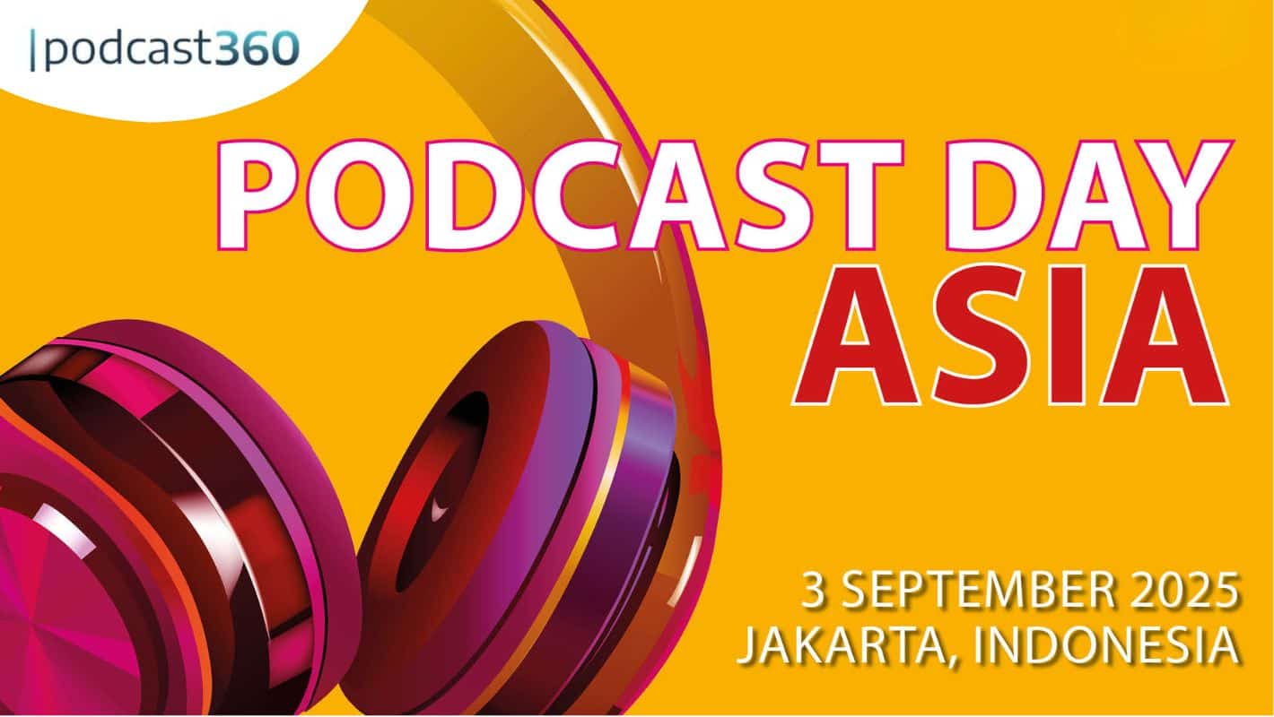 Veranstaltungsplakat des Podcast Day Asia mit bunten Kopfhörern und Veranstaltungsdetails für den 3. September 2025 in Jakarta, Indonesien.