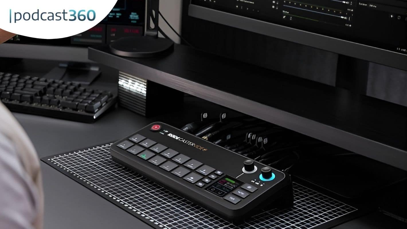 Eine RØDECaster Video All-in-One-Konsole sitzt auf dem Schreibtisch unter einem Monitor, bereit, Ihre Audio- und Videopodcasts zu optimieren, mit einer Tastatur und Maus in der Nähe.
