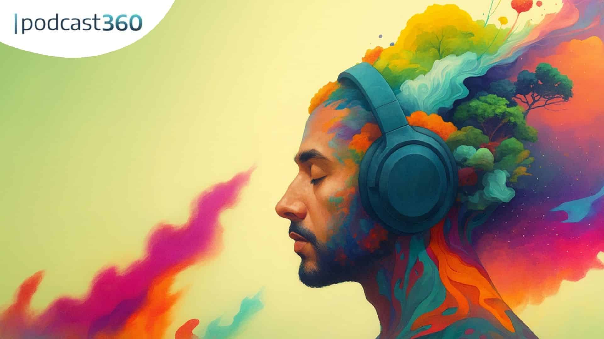 Ein Mann mit Kopfhörern und bunten, traumhaften Wolken und Bäumen, die aus seinem Kopf fließen und die Macht von Audio hervorheben, mit dem Text "podcast360".