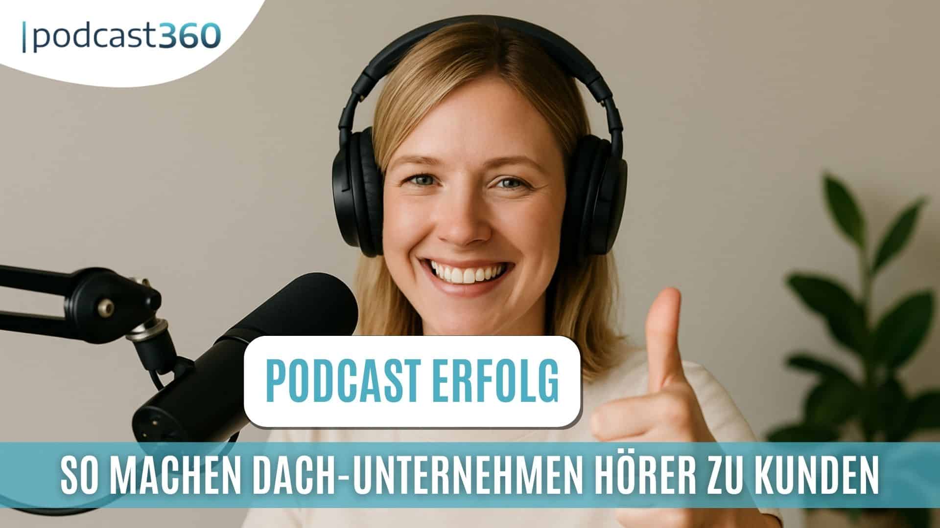 Lächelnde Frau mit Kopfhörern zeigt Daumen hoch in ein Mikrofon; Text: So machen DACH-Unternehmen mit Hörer zu Kunden.