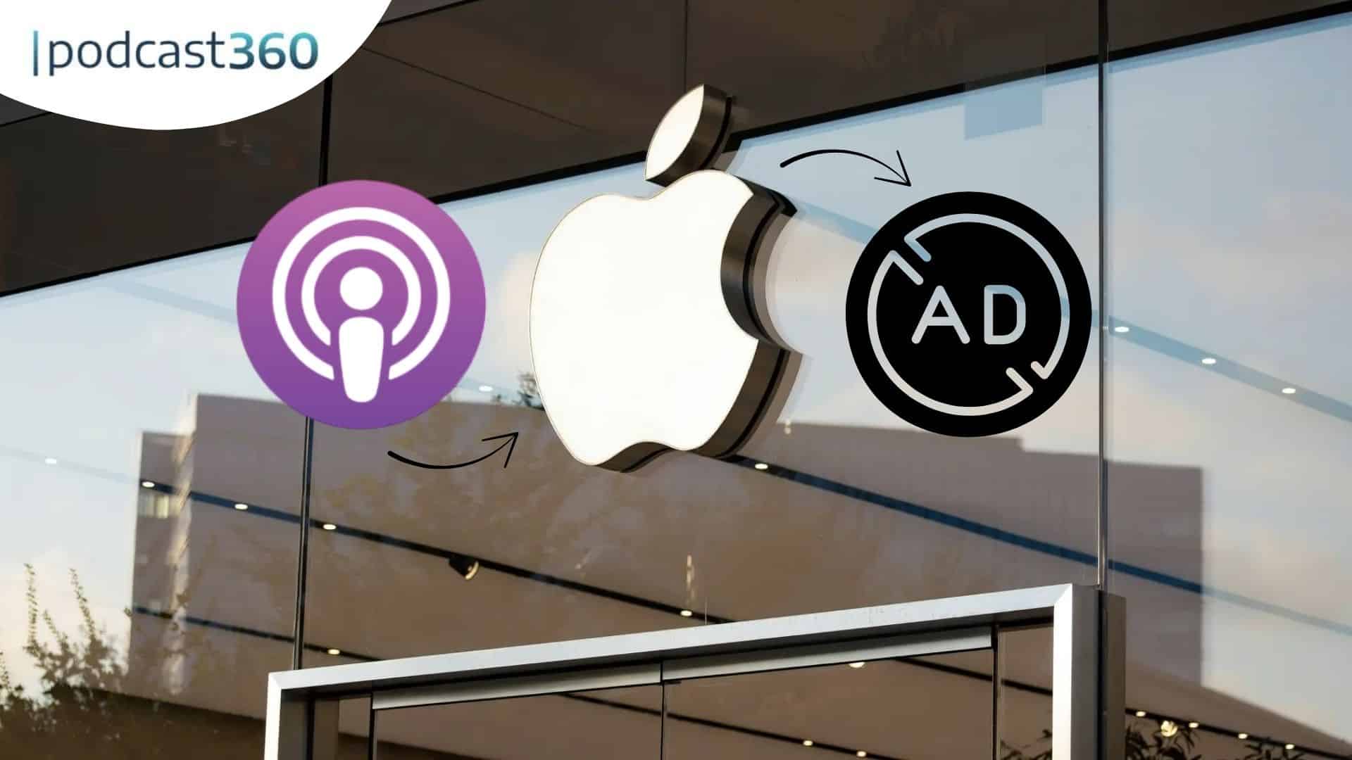 Apple-Logo auf einem Gebäude mit Podcast- und Anzeigensymbolen, die auf Podcast-Werbung hinweisen.
