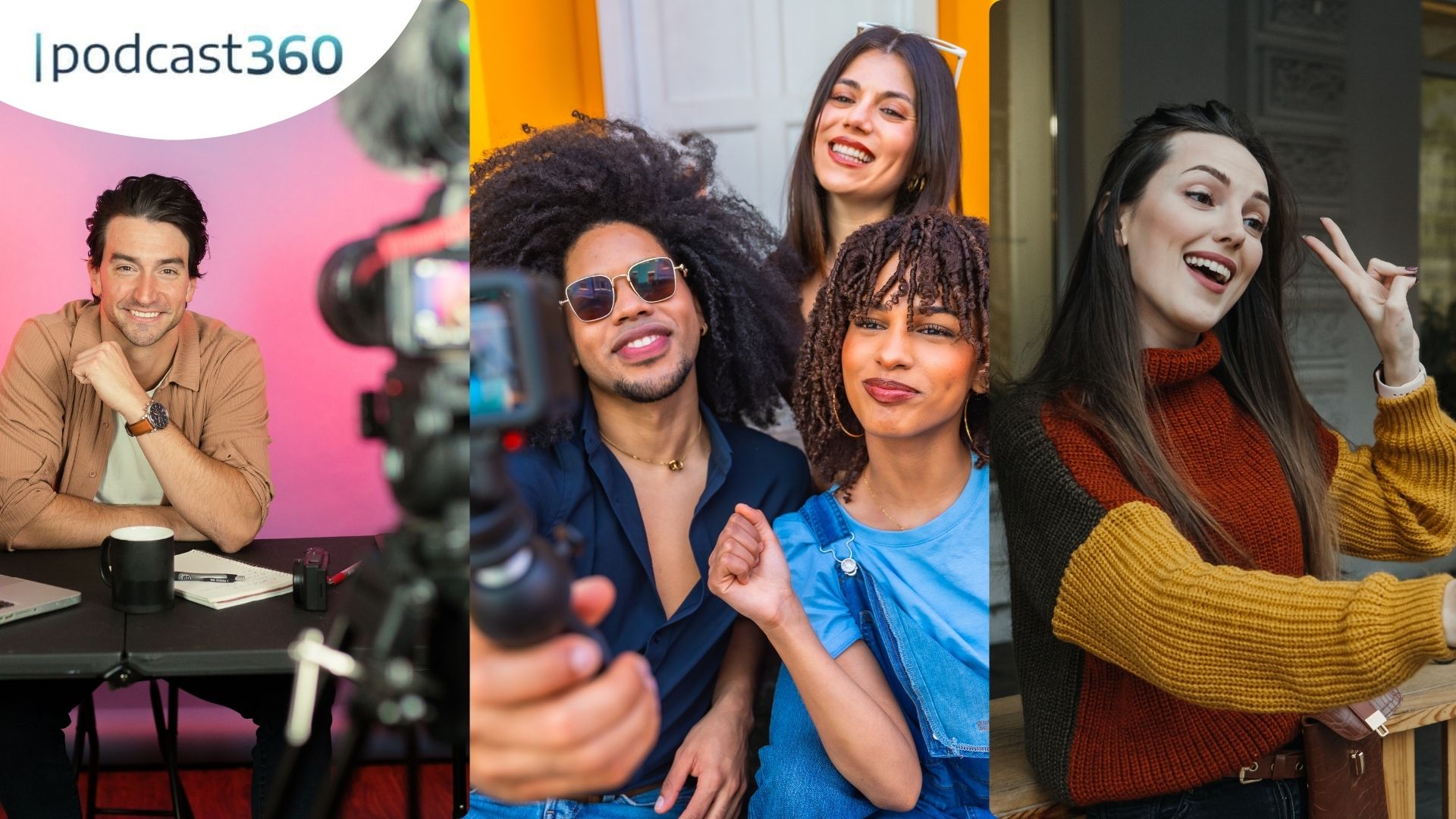Podcast-Moderator am Schreibtisch, eine Gruppe von Freunden, die ein Selfie machen, und eine Frau, die ein Friedenszeichen für ein Selfie macht.