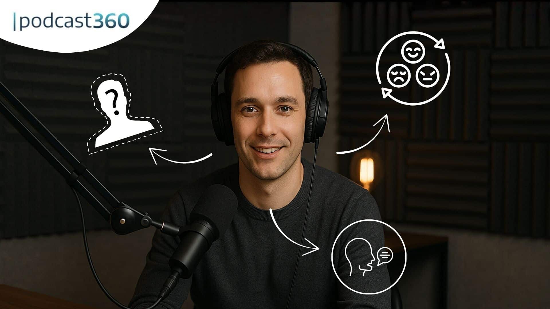 Ein Mann mit Kopfhörern lächelt in ein Podcast-Mikrofon mit illustrierten Symbolen über Identität, Emotionen und Gespräche.