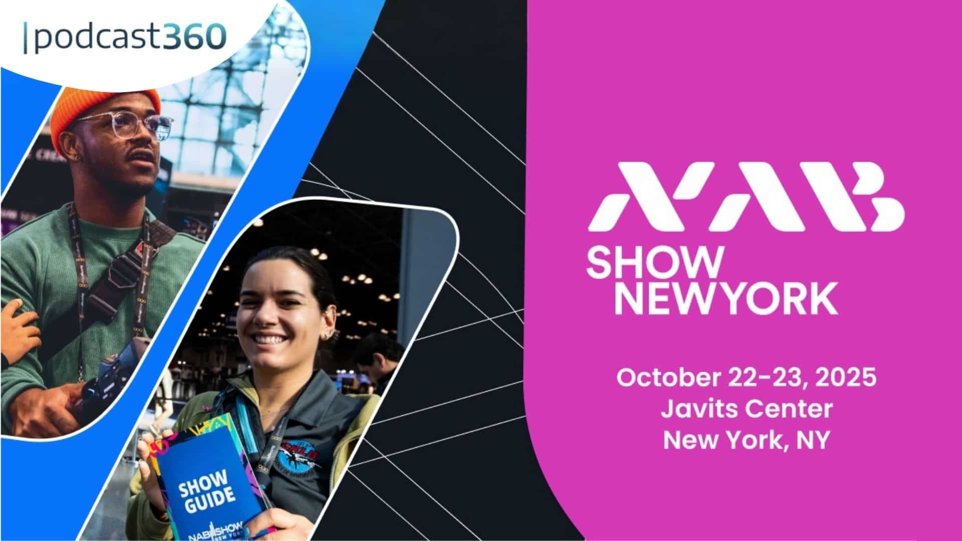 Werbegrafik für die NAB Show New York, 22.-23. Oktober 2025, im Javits Center, mit lächelnden Teilnehmern.