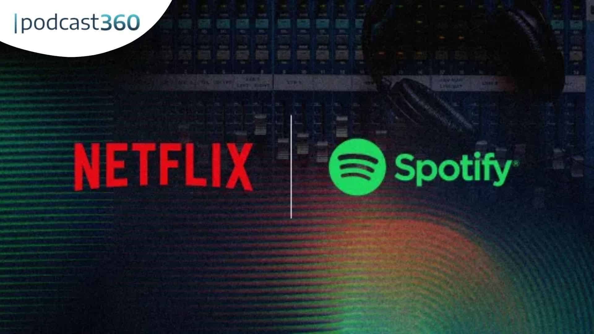 Netflix- und Spotify-Logos nebeneinander auf dunklem Hintergrund mit dem Text 