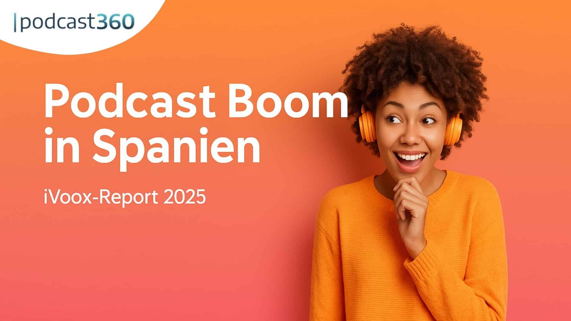 Lächelnde Frau in orangefarbenem Pullover mit Kopfhörern, Text lautet: Podcast-Boom in Spanien, iVoox-Report 2025.