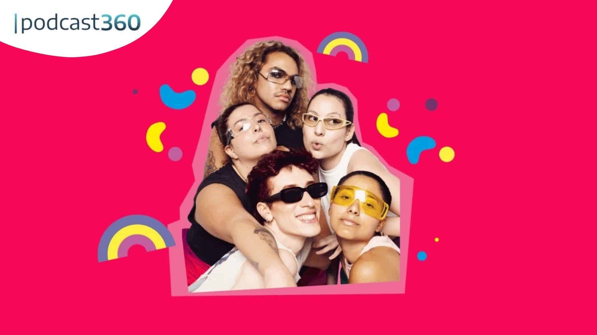 Fünf Menschen posieren eng beieinander, lächeln und machen Grimassen auf einem hellrosa Hintergrund mit bunten Grafiken.