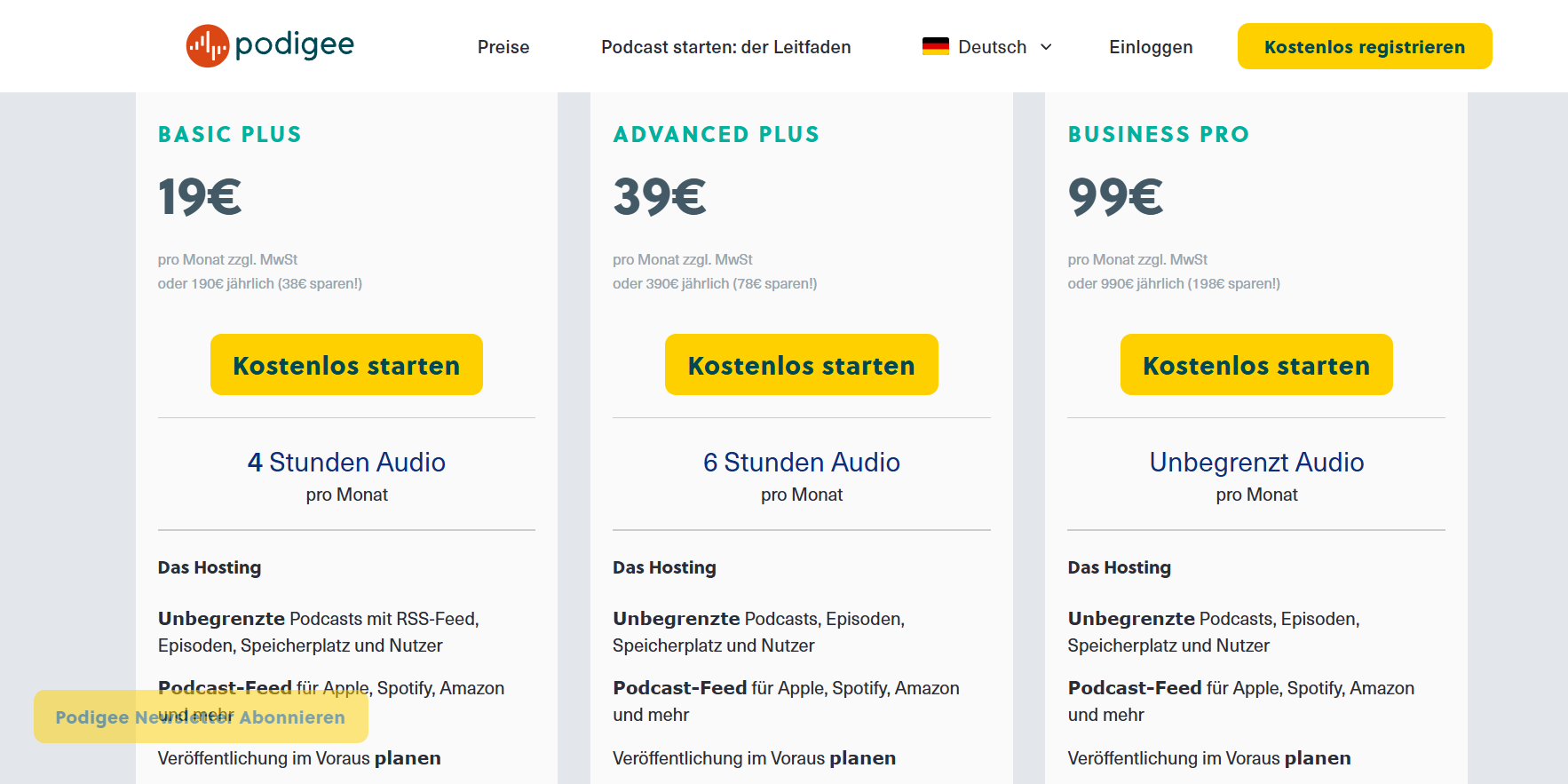 Podcast Hosting Preise 2025 - Übersicht der monatlichen Tarife von Podigee.