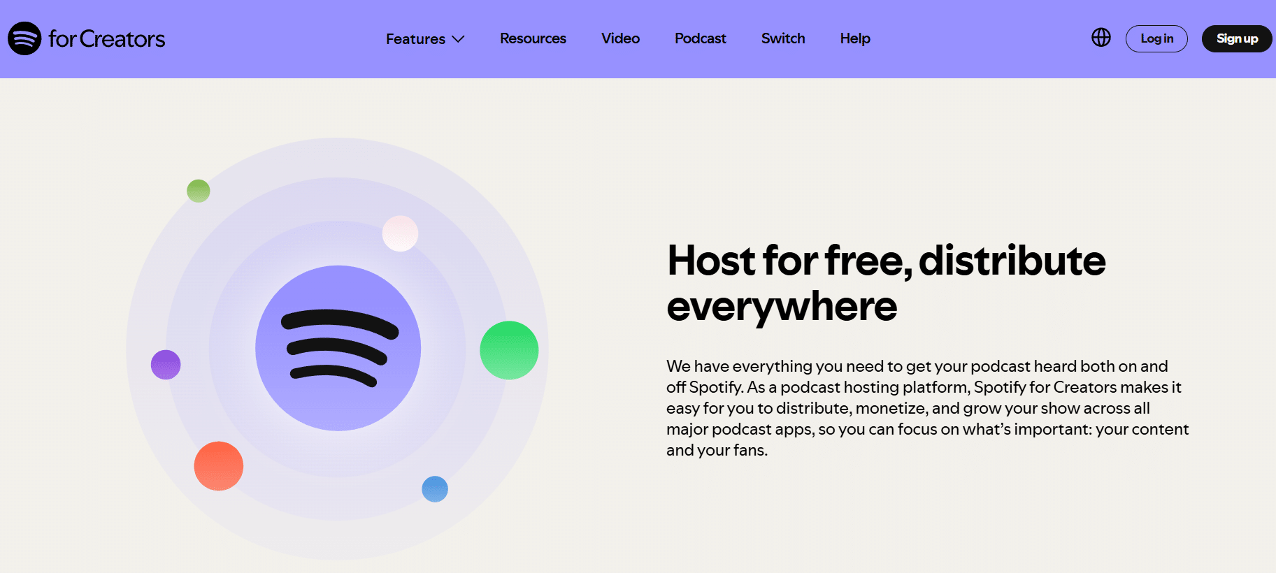 Spotify for Creators-Webseite, die kostenloses Podcast-Hosting anbietet, mit einem großen Spotify-Logo und Call-to-Action-Text.