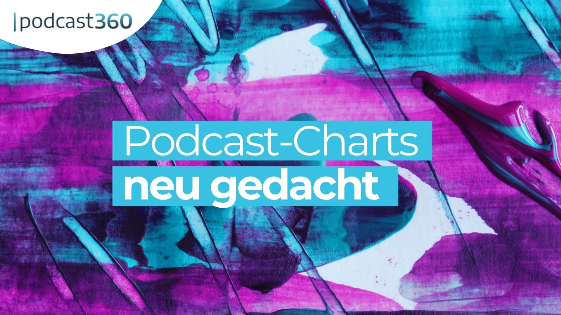 Abstrakter blauer und lila Hintergrund mit Text: "Podcast-Charts neu gedacht" und "podcast360" in der Ecke.