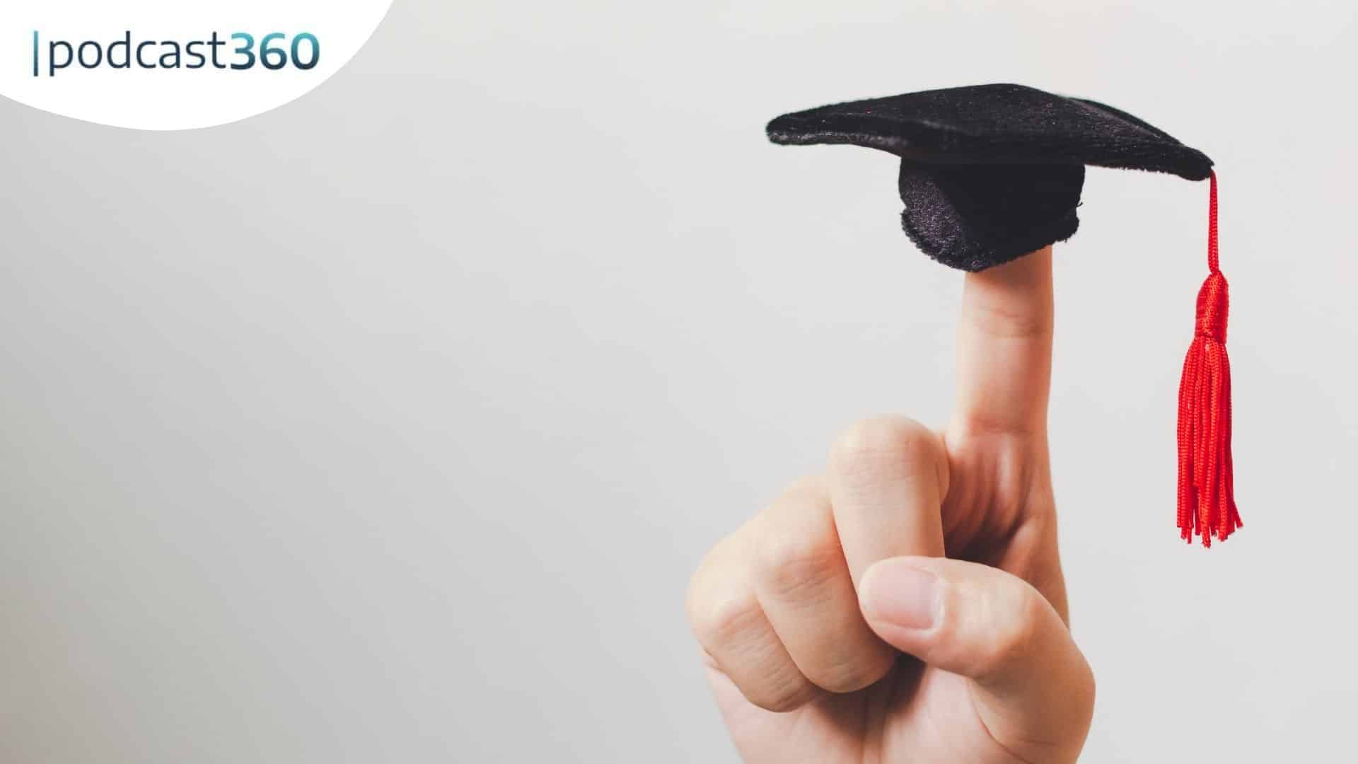 Eine Hand balanciert eine kleine Mütze auf ihrem Zeigefinger; "podcast360" steht in der linken oberen Ecke.
