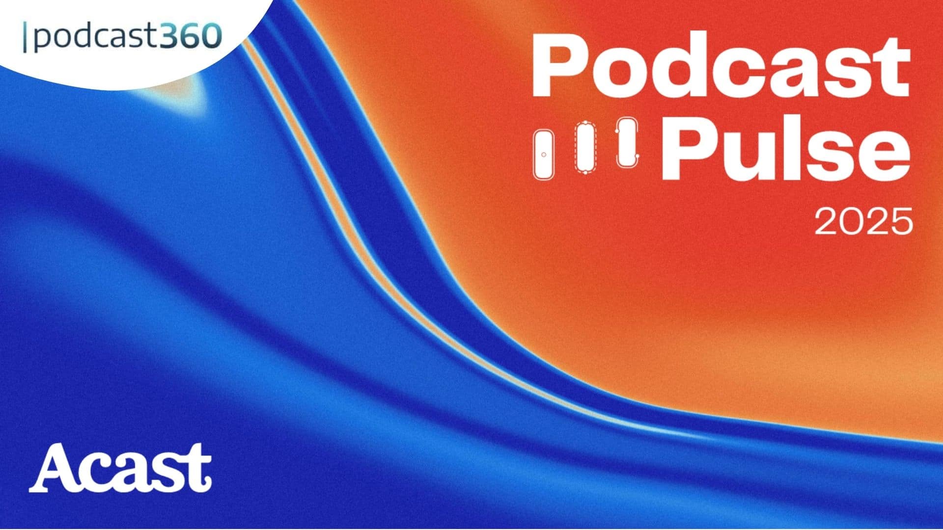 Podcast Pulse 2025 Grafik mit blauen, roten und orangefarbenen abstrakten Wellen und Logos für Podcast360 und Acast.