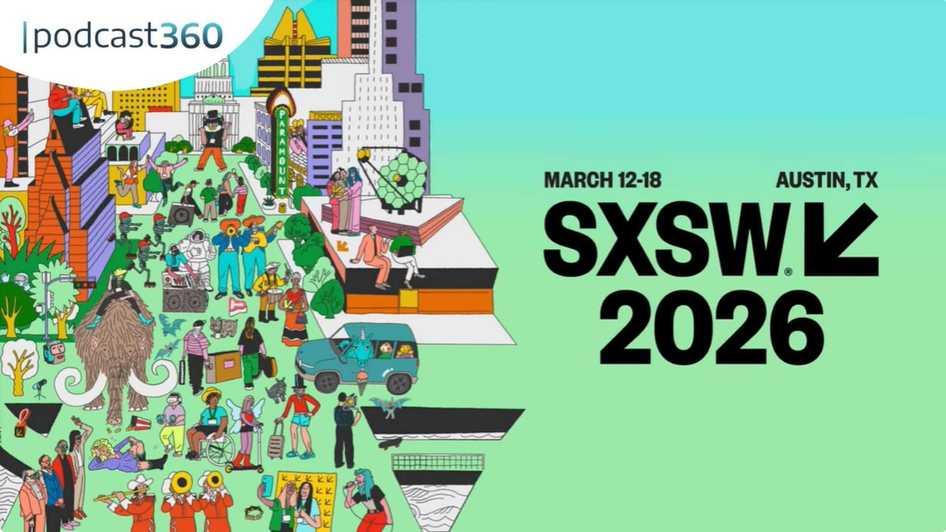Bunte Illustration von Menschen und Gebäuden mit Text: "SXSW 2026, 12-18 März, Austin, TX, podcast360.