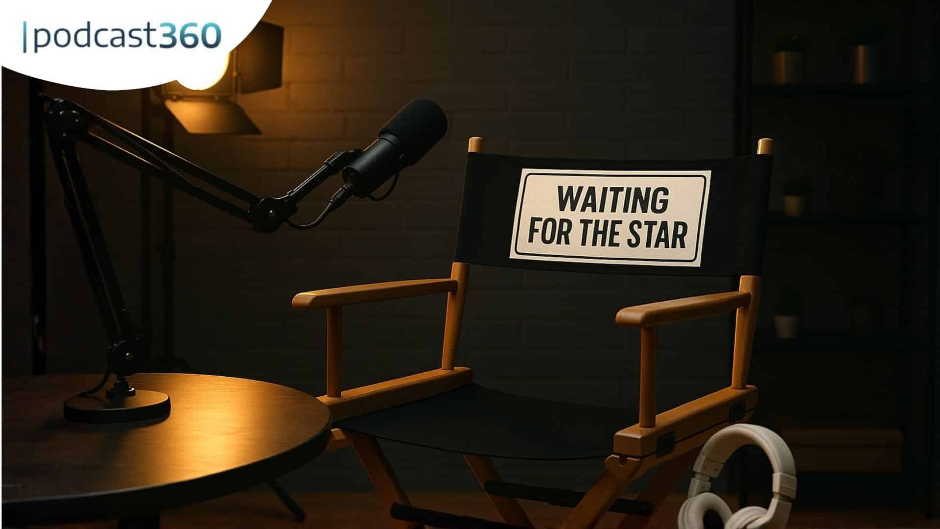 Ein Podcast-Studio mit einem Mikrofon, Kopfhörern und einem leeren Stuhl mit der Aufschrift "WAITING FOR THE STAR".