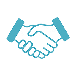 Blauer Umriss von zwei sich schüttelnden Händen, die Einigkeit oder Partnerschaft symbolisieren, auf hellgrauem Hintergrund.