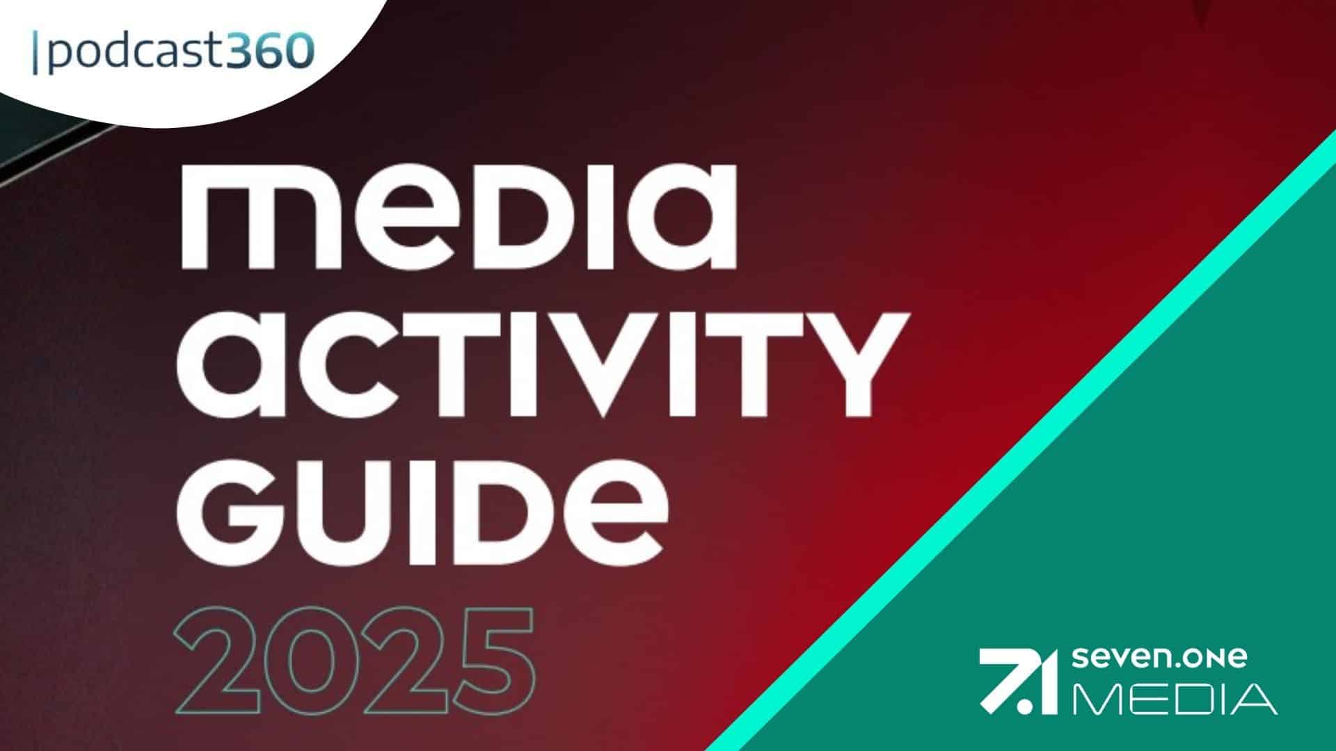 Media Activity Guide 2025 mit den Logos von podcast360 und Seven.One Media auf einem roten und blaugrünen Hintergrund.