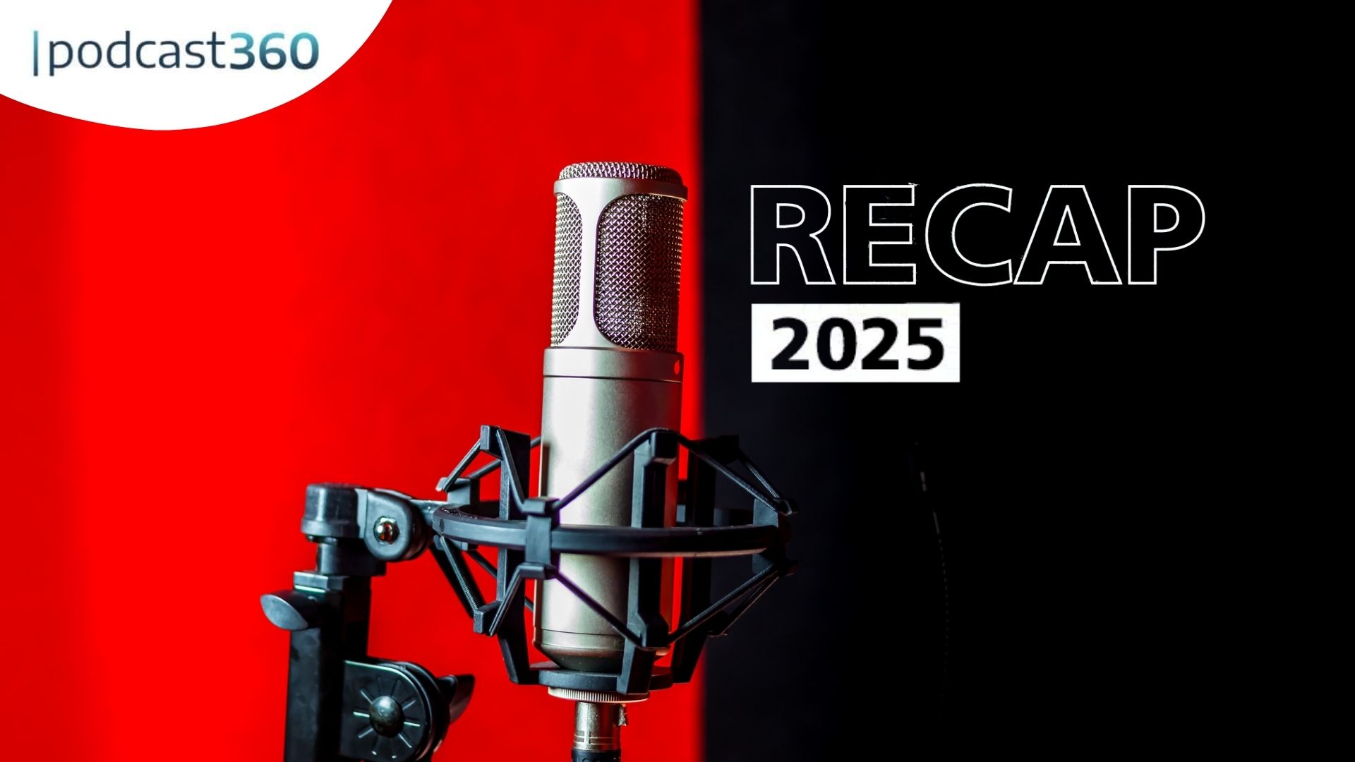 Ein Studiomikrofon vor einem roten und schwarzen Hintergrund mit Text: