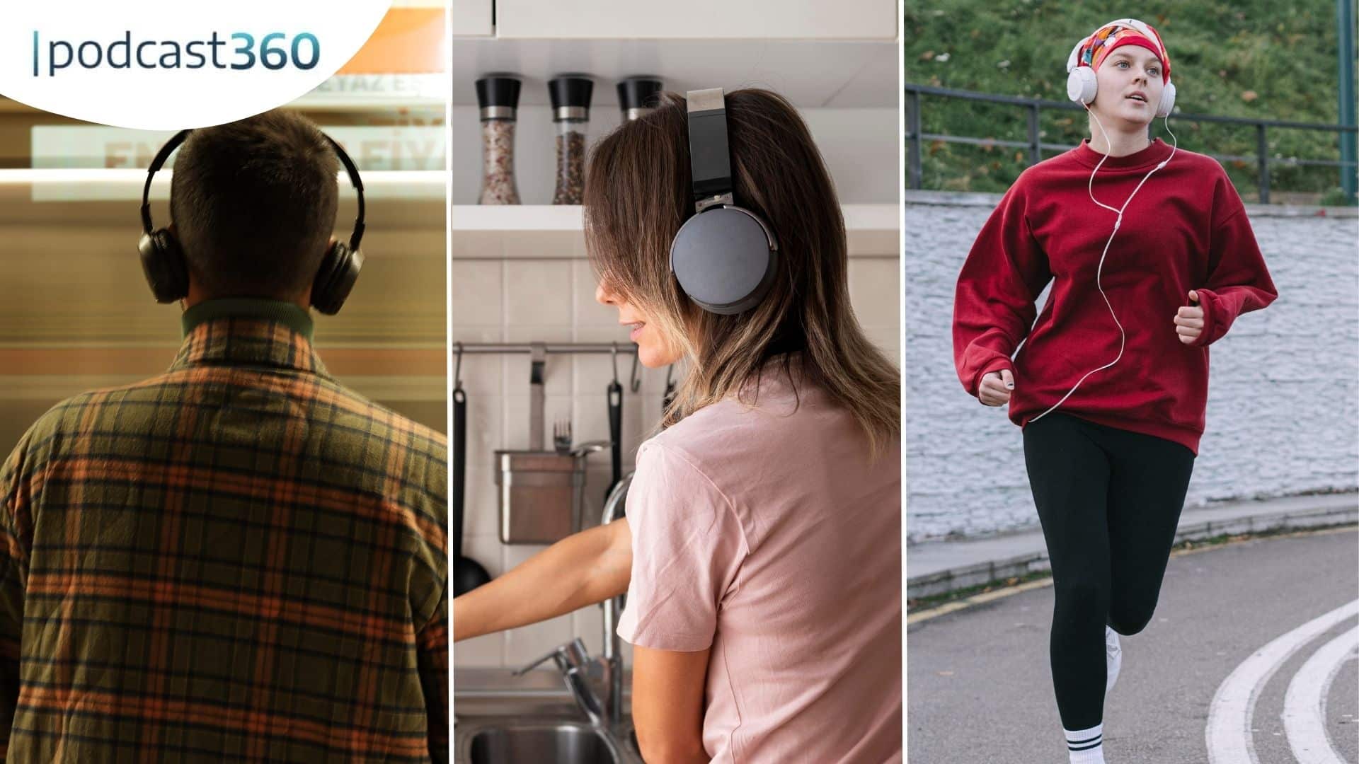 Drei Personen in verschiedenen Umgebungen, die mit Kopfhörern etwas hören; oben links das Podcast360-Logo.