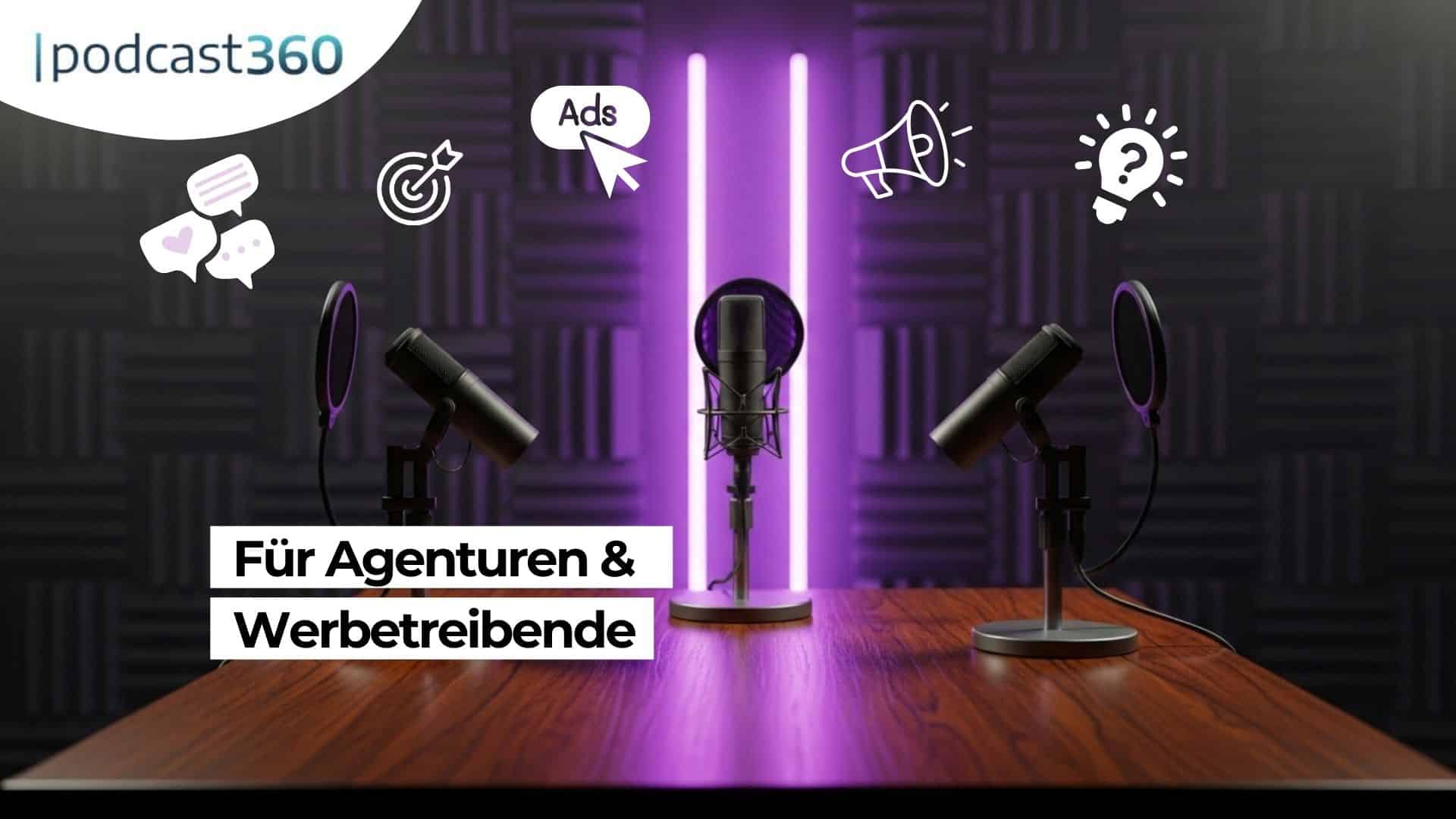 Zwei Mikrofone in einem Podcast-Studio mit lila Beleuchtung, Text: 