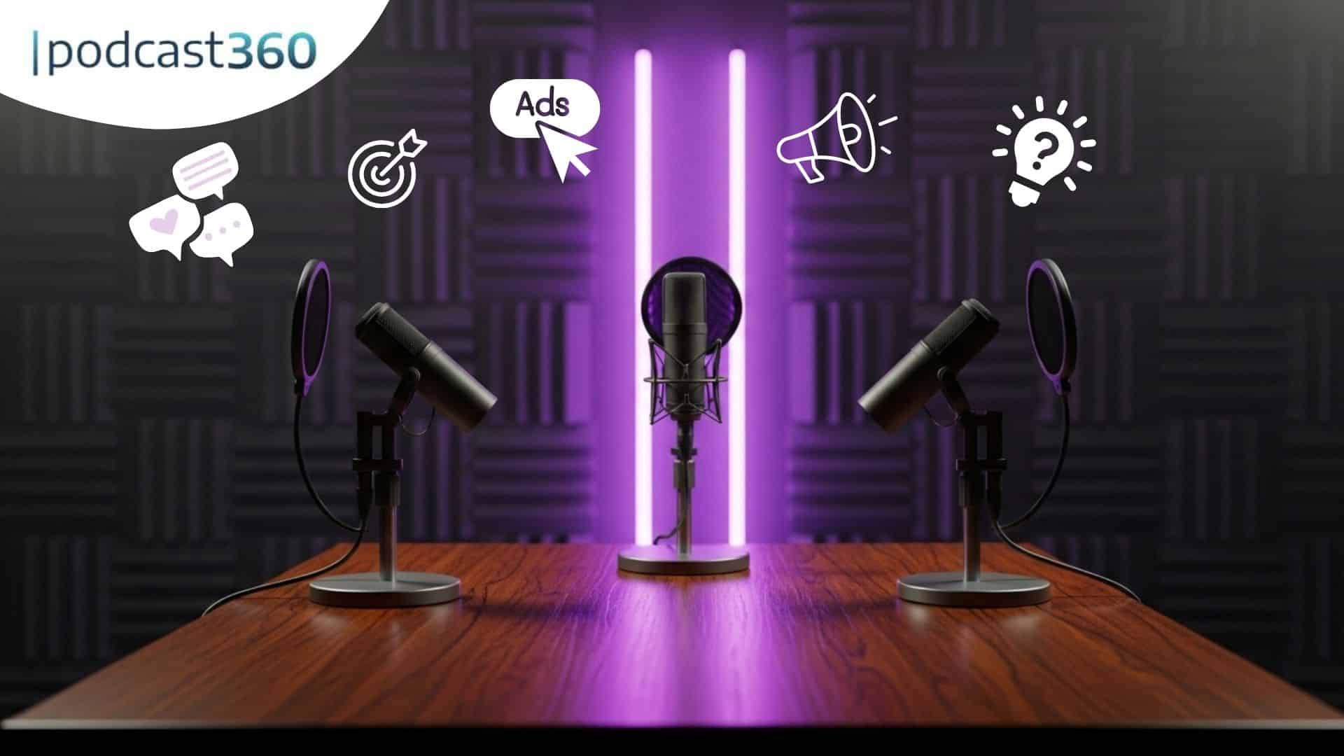 Podcast-Studio mit drei Mikrofonen, Neonlicht und Podcast-Symbolen über einem Holztisch.