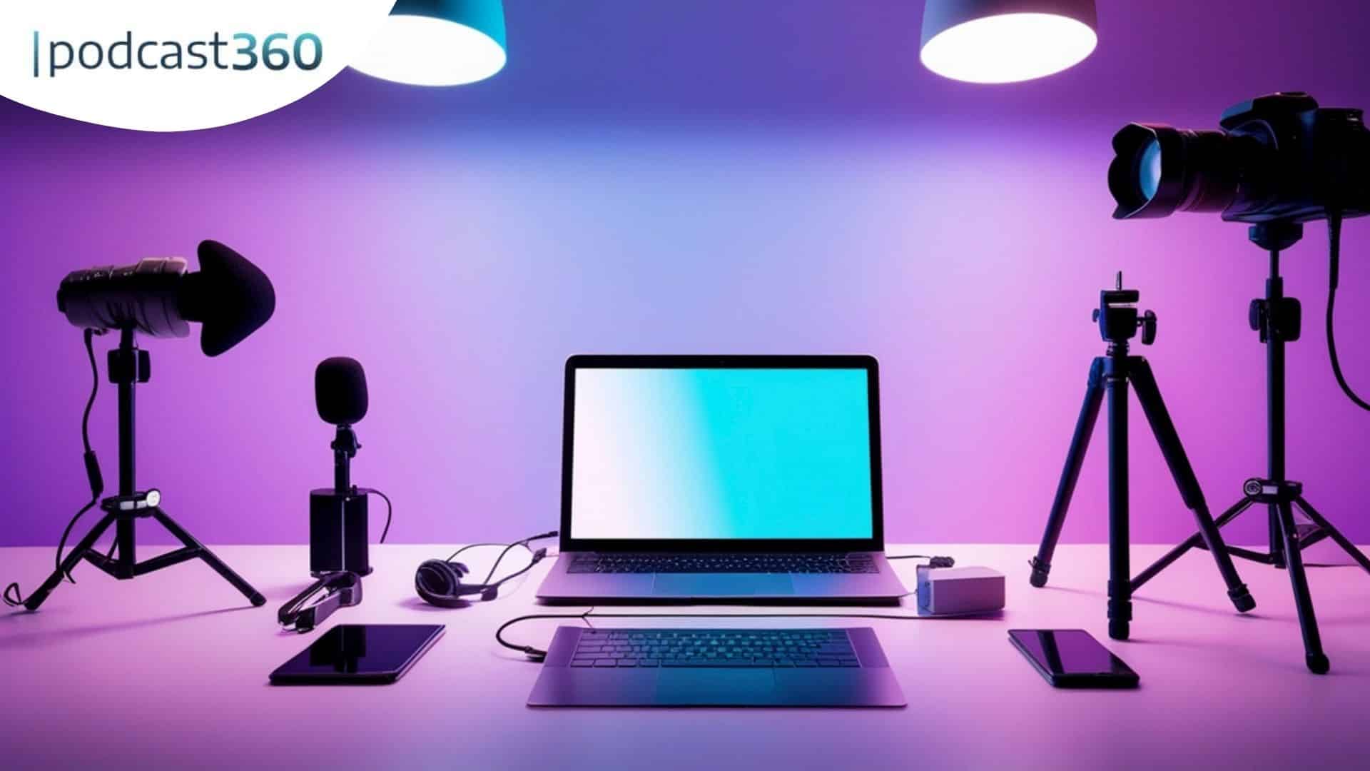 Podcast-Aufnahme-Setup mit Laptop, Mikrofon, Kamera, Kopfhörer und Licht auf einem bunten Schreibtisch.