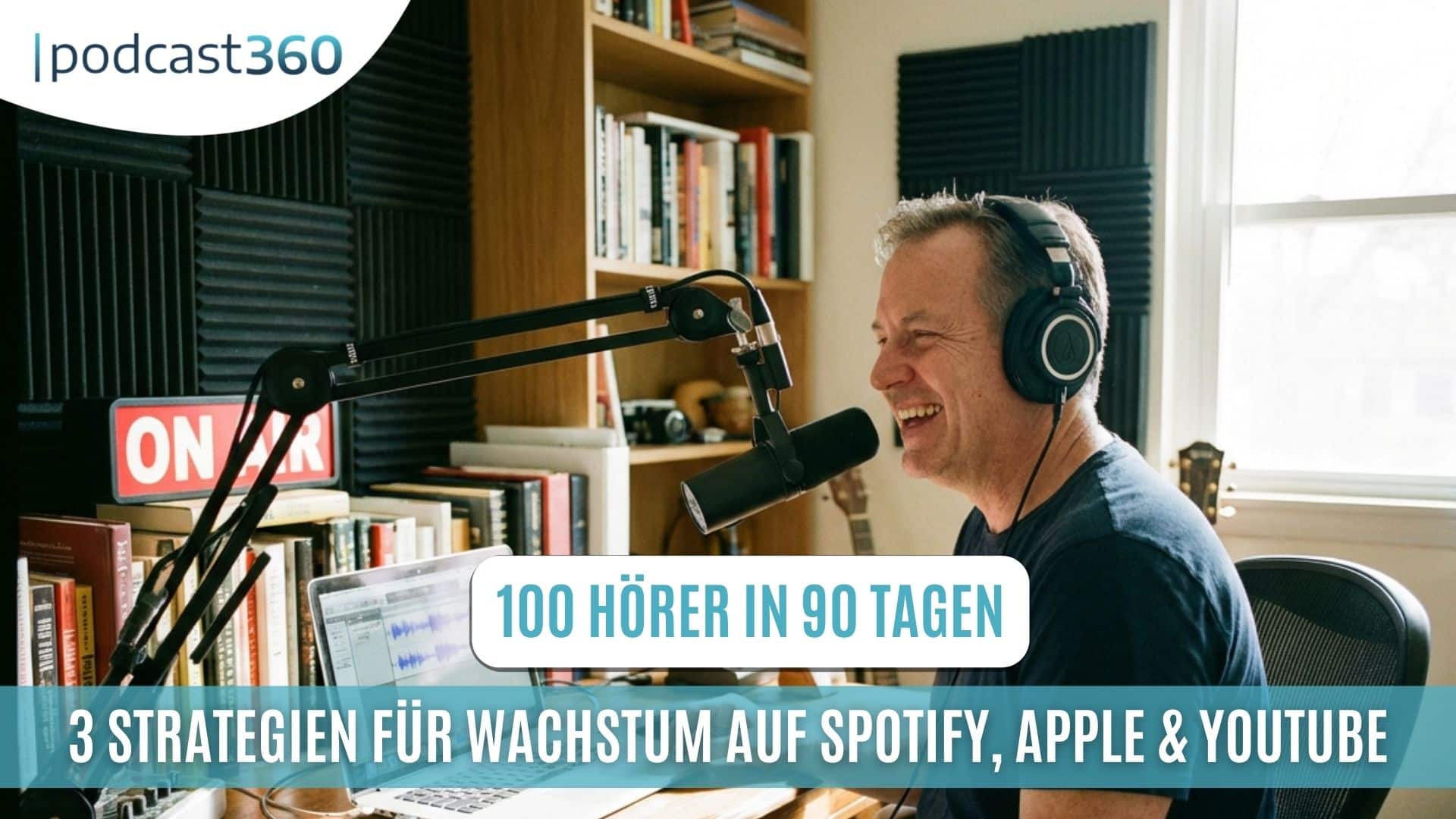 Mann nimmt einen Podcast in einem Studio auf, umgeben von Büchern, mit deutschem Text über Strategien für Podcast-Hörer und das Wachstum neuer Shows.