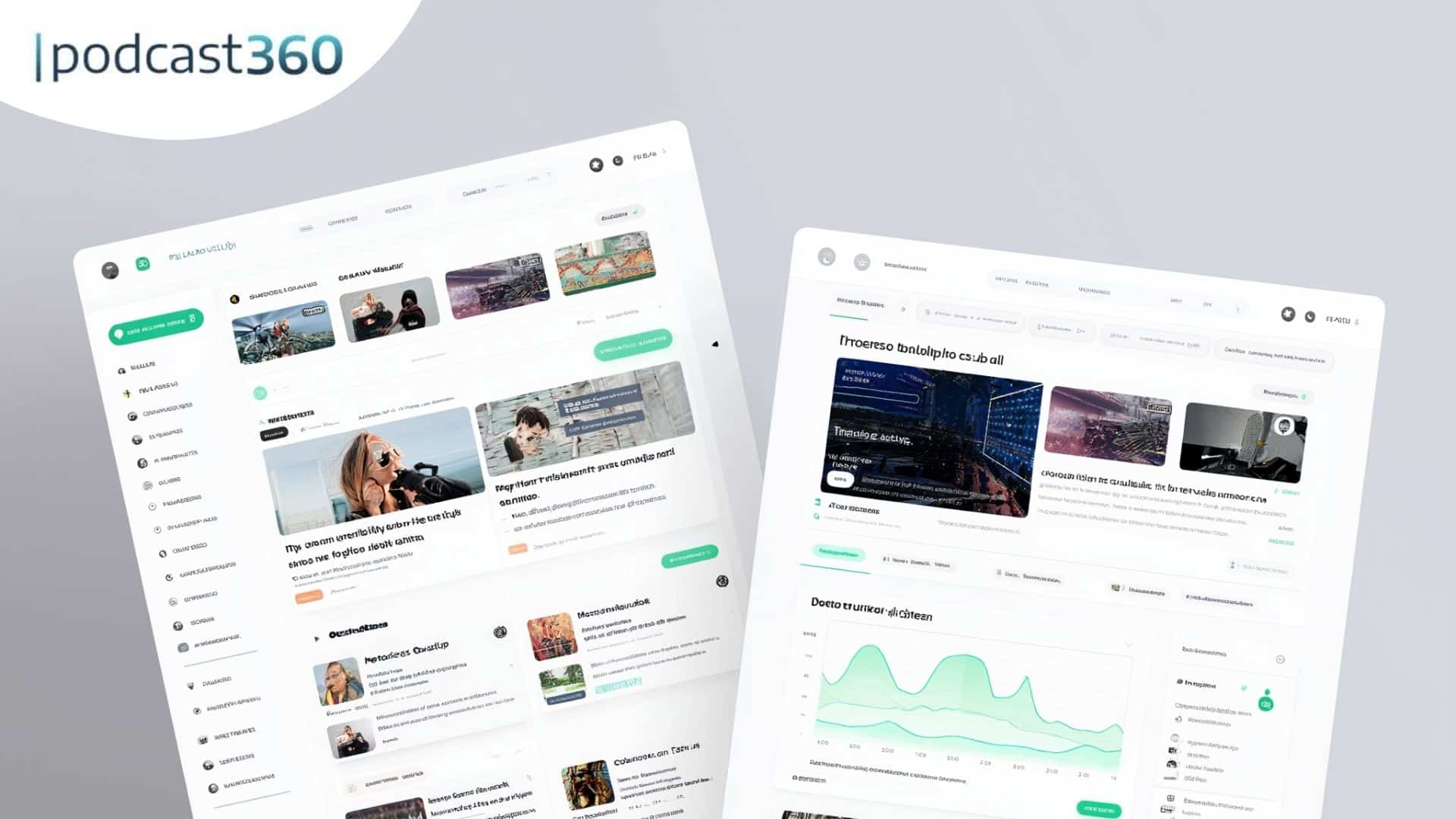 Zwei Podcast-Dashboard-Bildschirme mit Audio-Episoden, Charts und Nachrichten, unter dem Logo