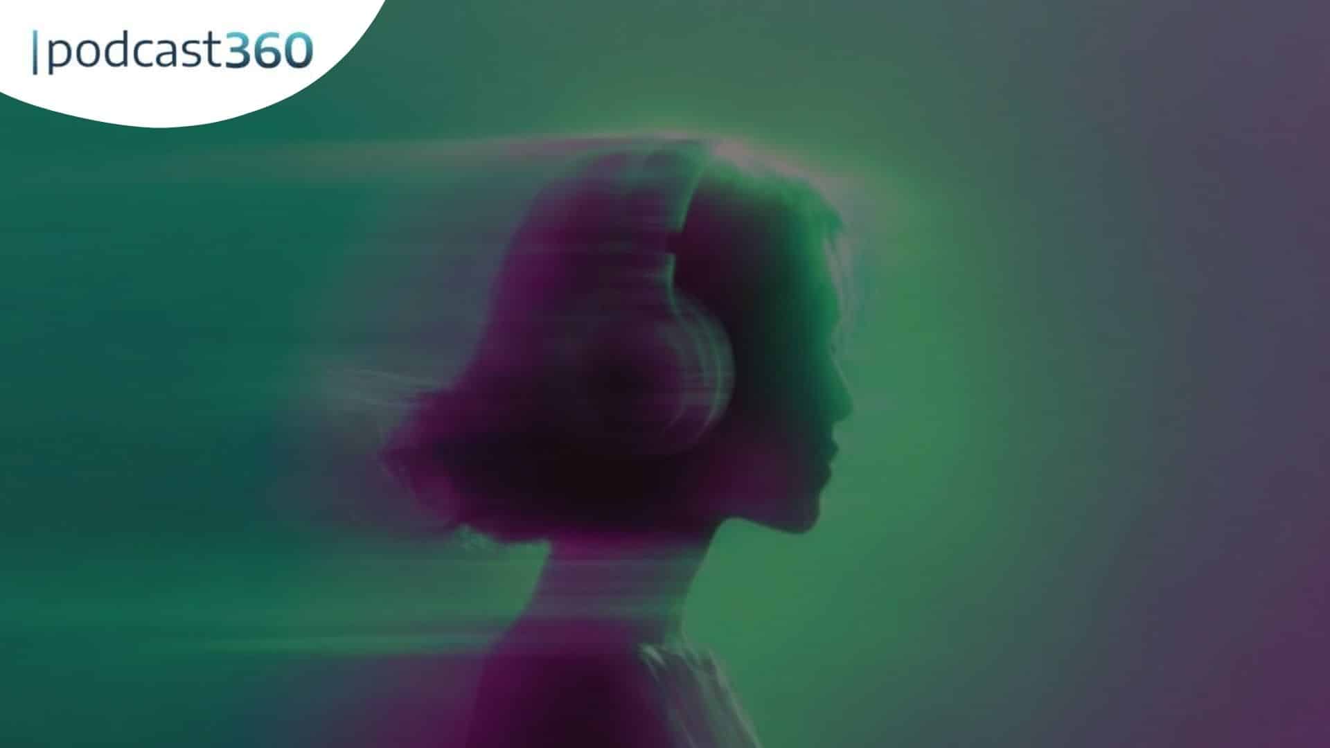 Eine Silhouette einer Person, die Kopfhörer trägt, mit einem verschwommenen, bunten grünen und lila Hintergrund.