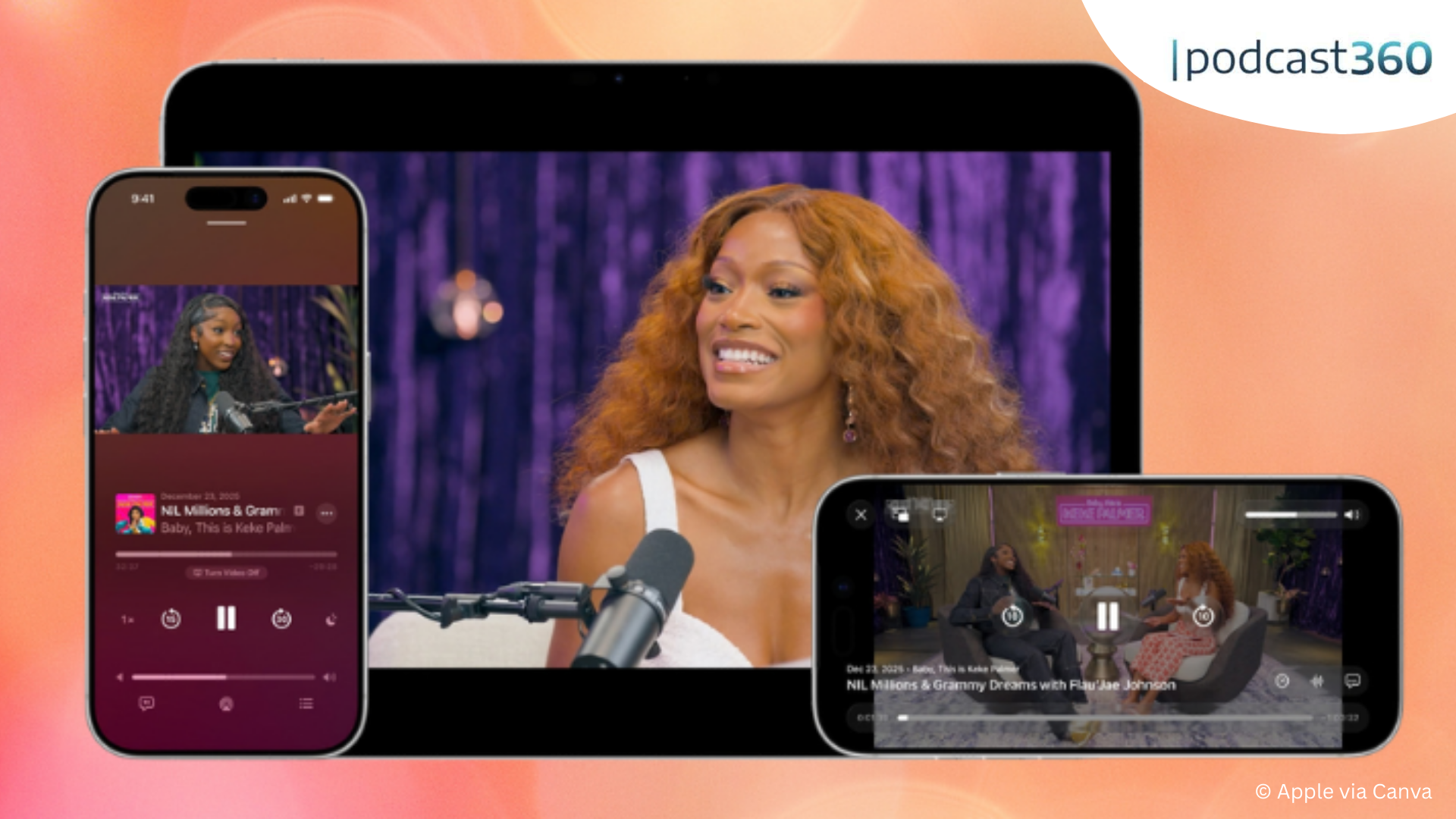 Eine lächelnde Frau spricht in ein Mikrofon in einer Podcasts mit Video-Show, die auf einem Tablet und zwei Smartphones angezeigt wird - ein Hinweis auf die nächste Evolutionsstufe der Apple-Podcast-Erlebnisse.