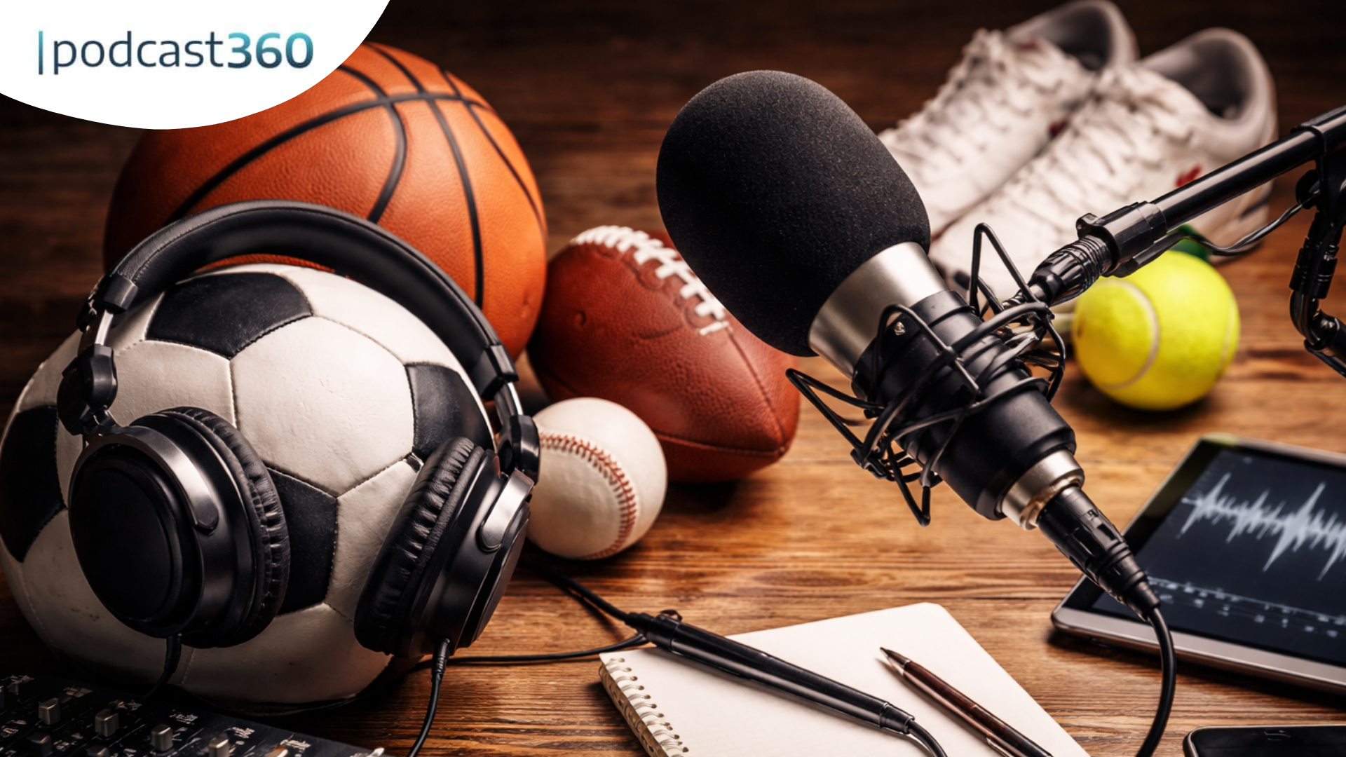 Podcast-Mikrofon und Kopfhörer mit Fußball, Basketball, Football, Turnschuhen, Tennisball und Tablet auf einem Tisch - das perfekte Setup für einen Fußball-Podcast, um jeden Abpfiff mitzubekommen und die Action in diesen spannenden 90 Minuten zu diskutieren.