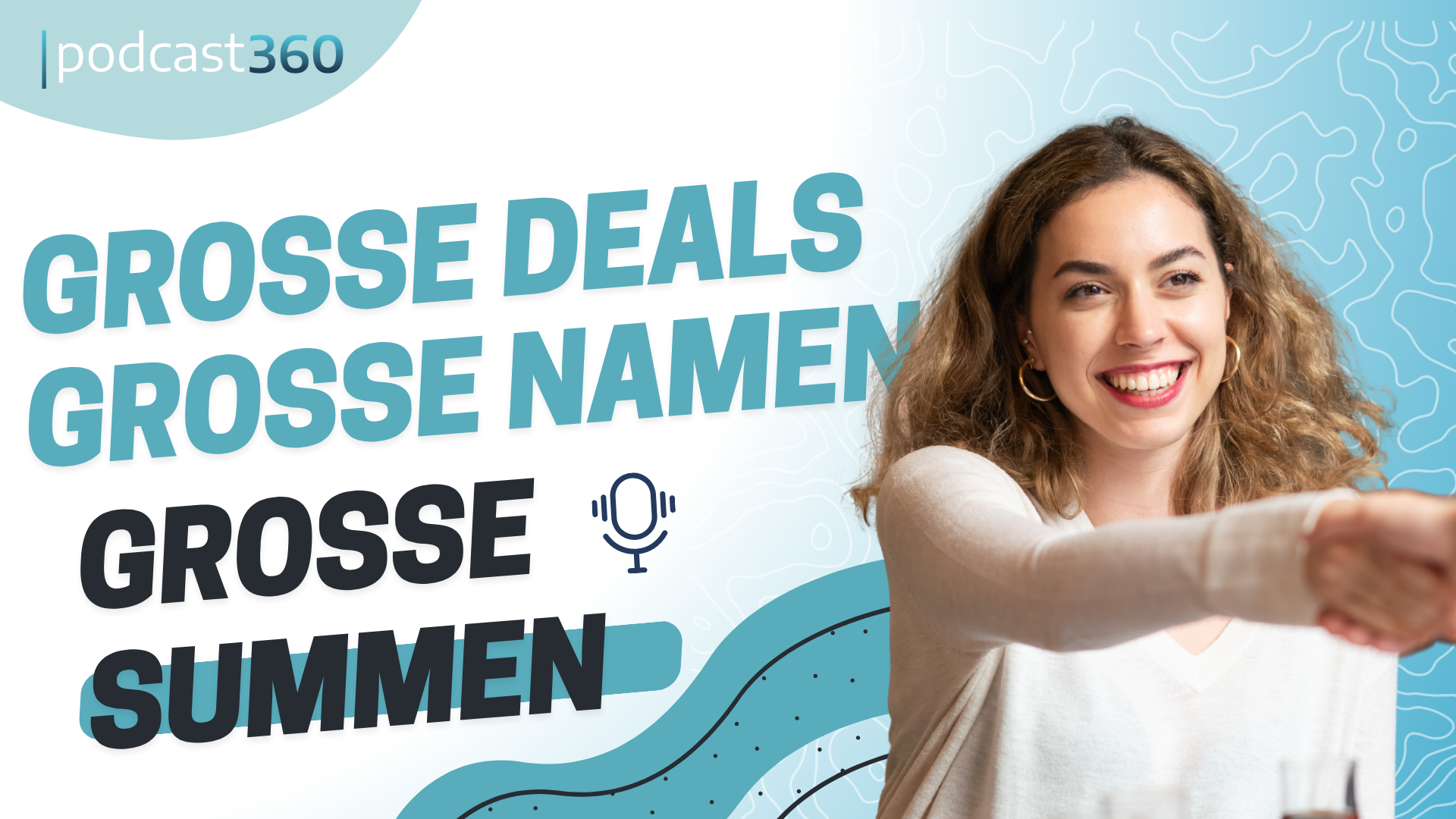 Lächelnde Frau schüttelt Hände; fetter Text