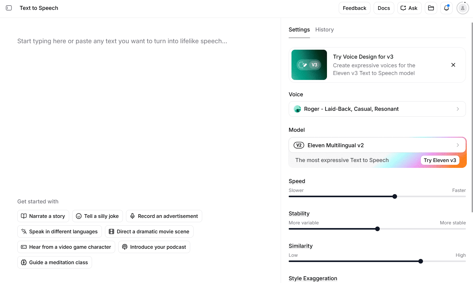 ElevenLabs Text-zu-Sprache Interface mit Stimmauswahl und Sprachmodell