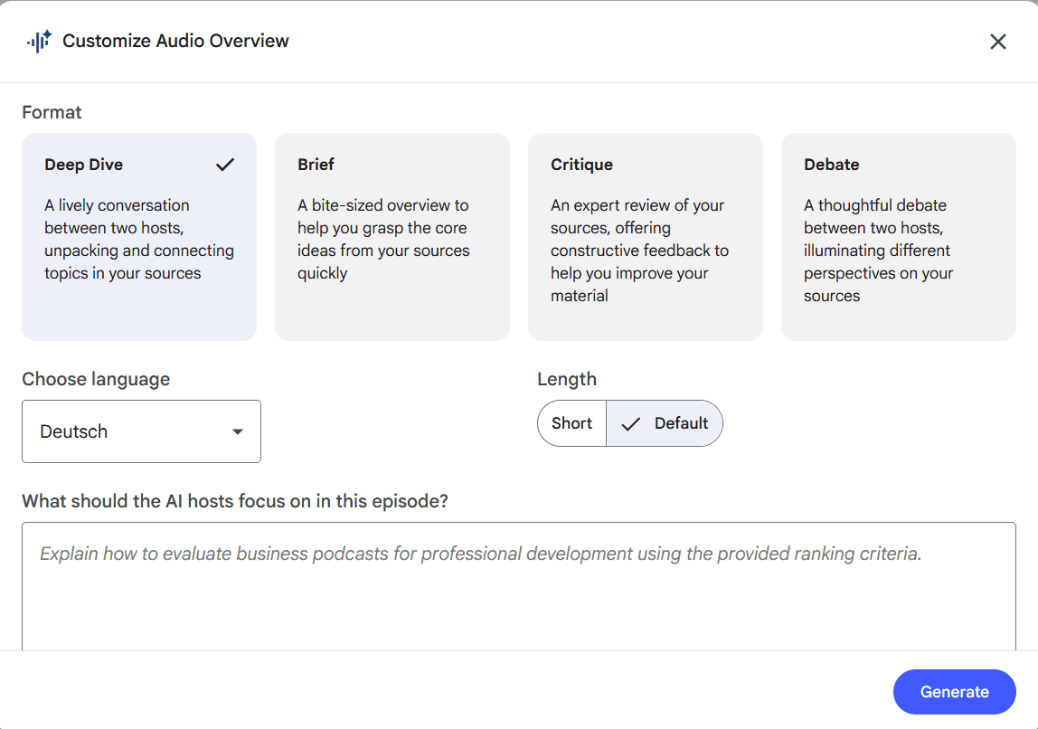 NotebookLM Audio Overview Einstellungen: Format, Sprache und Fokus anpassen