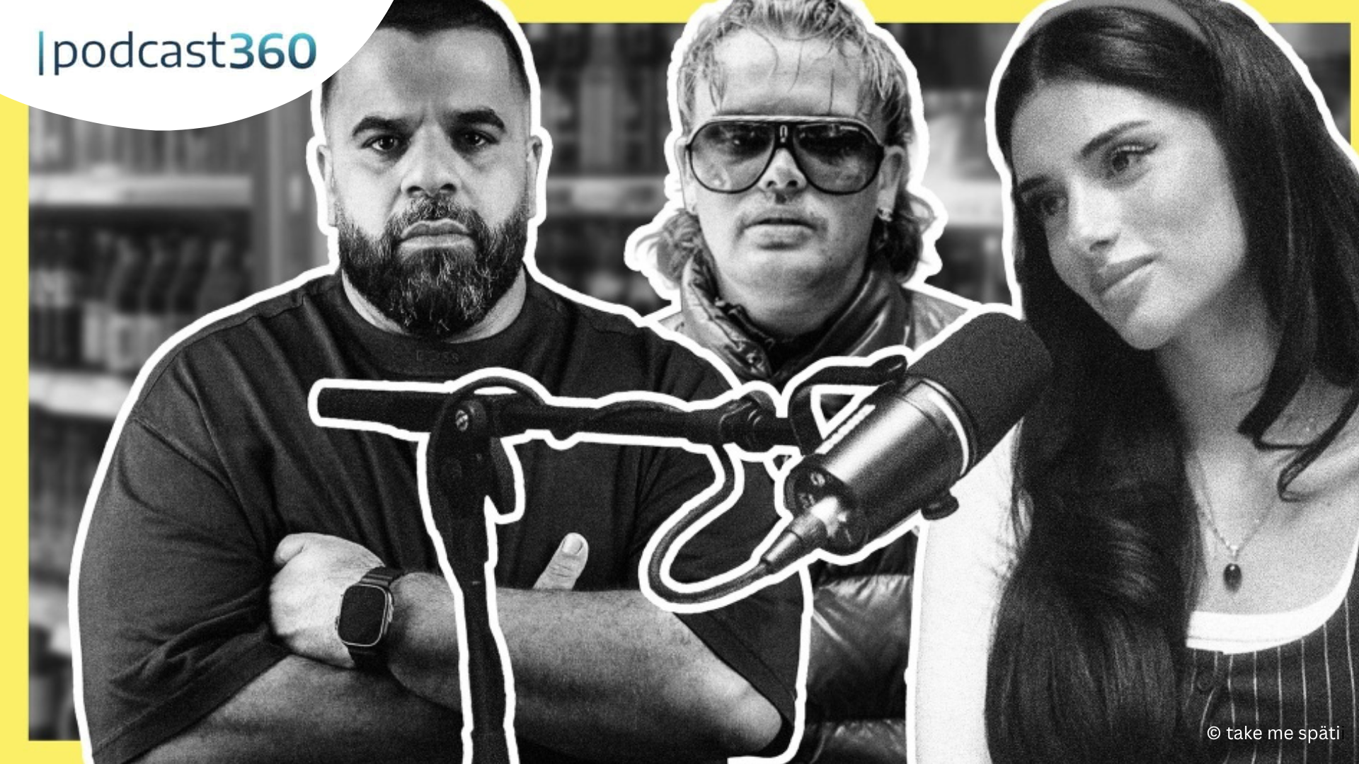 Drei Personen, zwei Männer und eine Frau, sprechen in einem Podcast-Studio in ein Mikrofon und diskutieren über Späti-Kultur und Besitzverhältnisse.