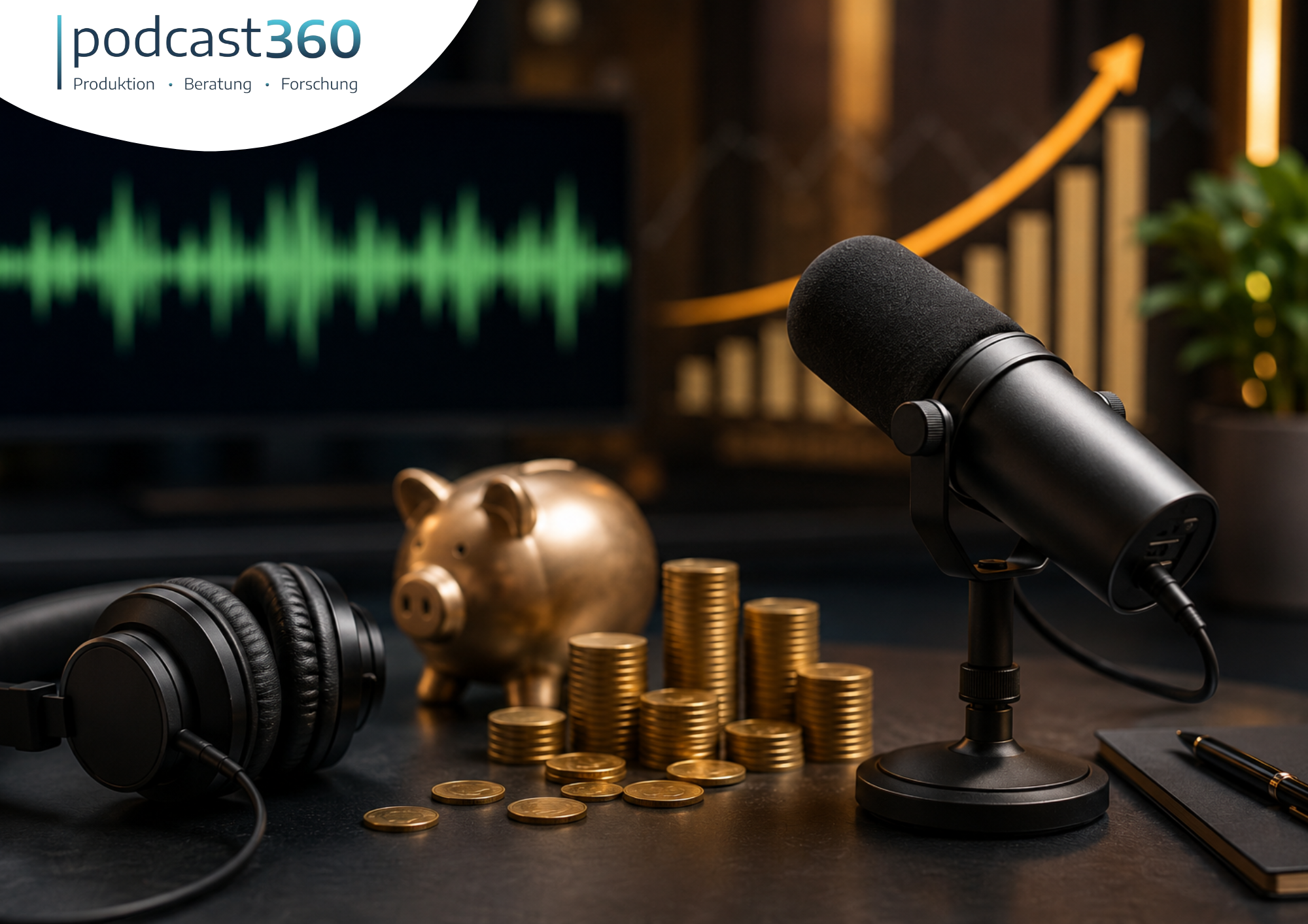Ein Podcast-Setup mit einem Mikrofon, Kopfhörern, Münzen, einem Sparschwein und einem Bildschirm, auf dem Audiowellen zu sehen sind - perfekt, um über Podcast-Monetarisierung oder Podcast-Business-Strategien zu diskutieren.