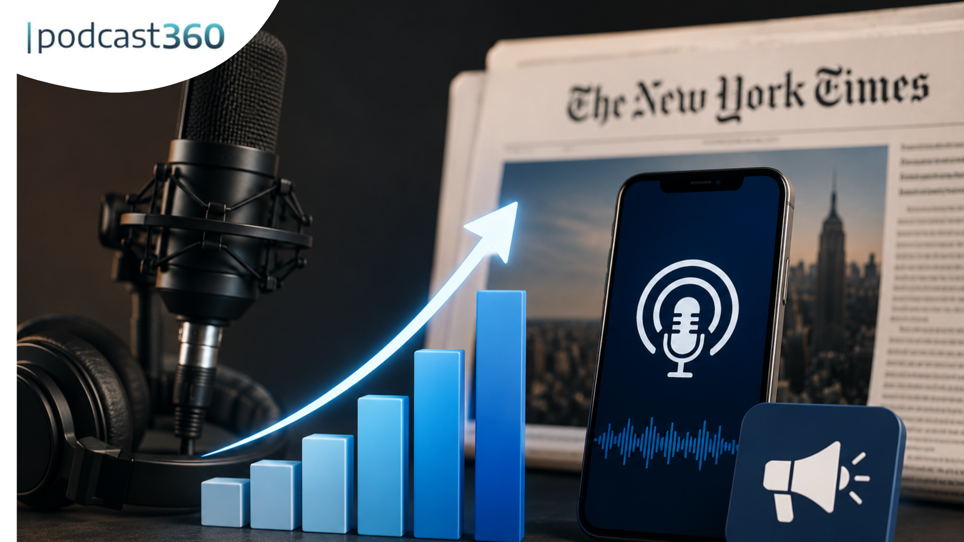 Ein Podcasting-Setup mit einem Mikrofon, Kopfhörern, einem Telefon, einem aufsteigenden Balkendiagramm mit Werbeumsätzen aus Podcasts und der Zeitung The New York Times - perfekt, um das Wachstum von Audio- und Videoinhalten zu erkunden.