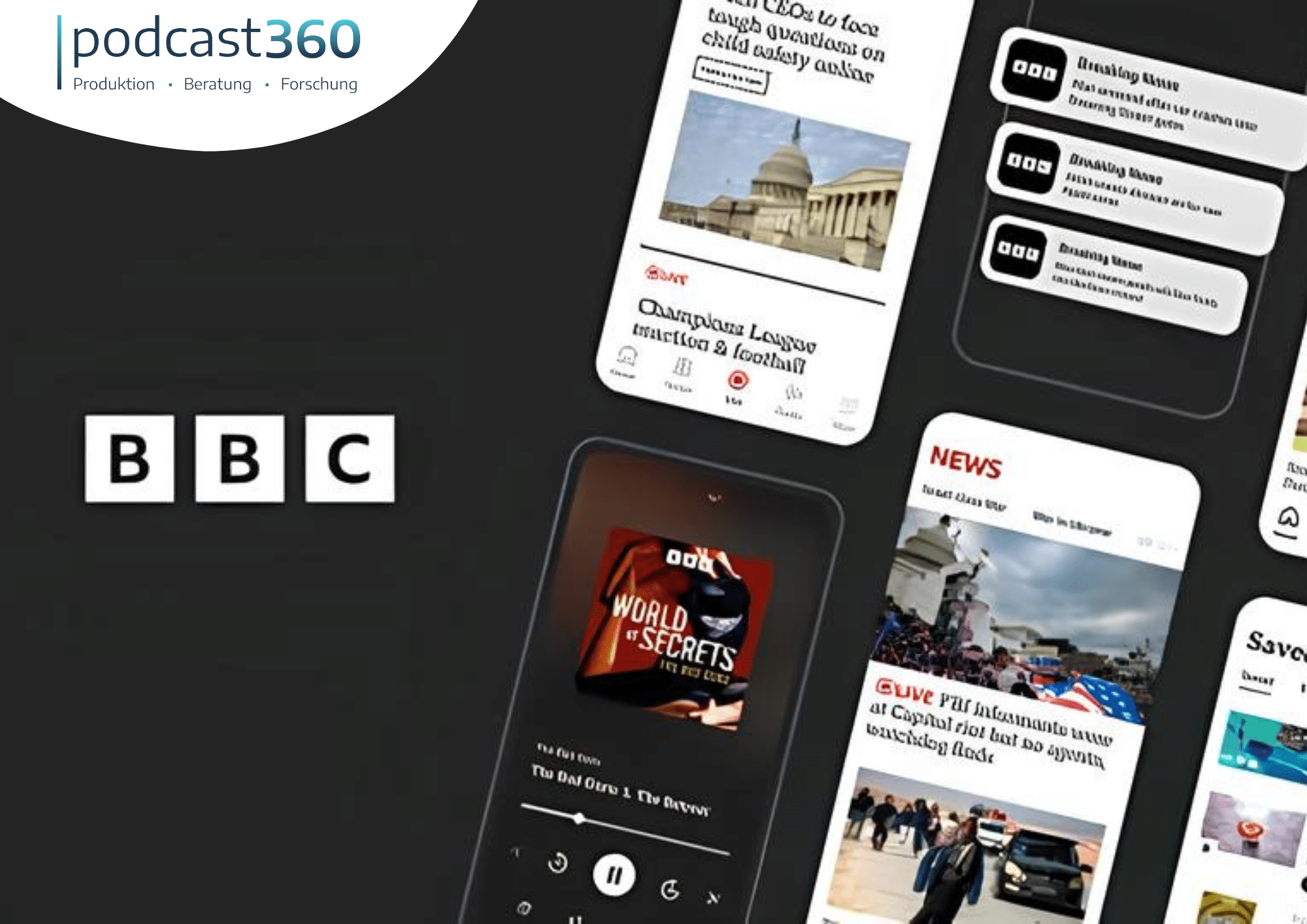 Smartphones mit BBC-Nachrichten- und Medien-Apps, mit dem BBC-Logo und dem podcast360-Branding in der Ecke, heben innovatives Storytelling und trendige soziale Clips hervor.