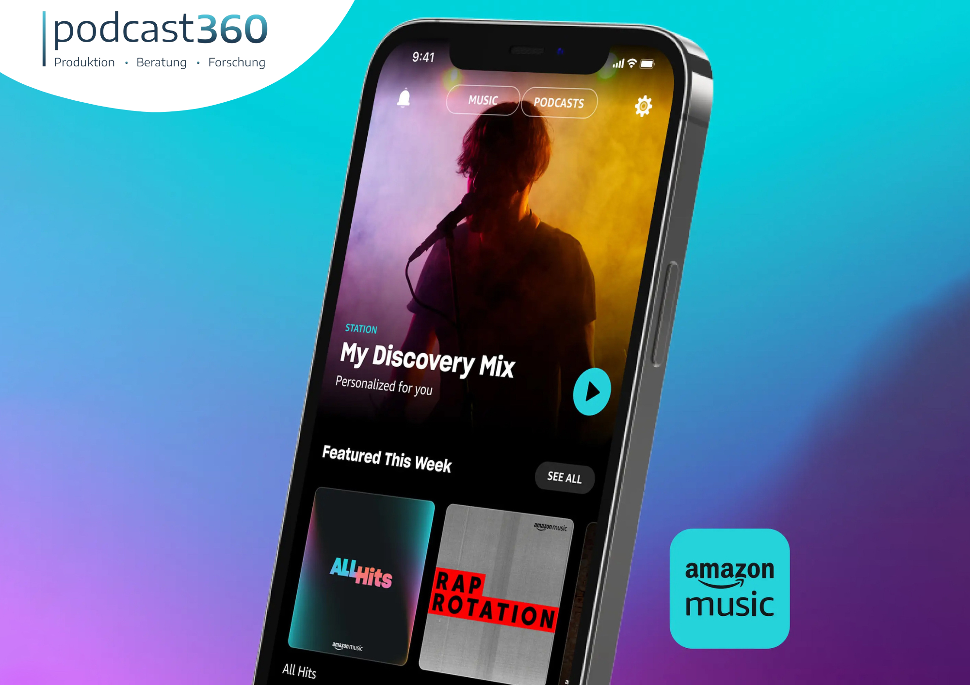 Smartphone, das die Amazon Music-App anzeigt, mit Wiedergabelisten und der Silhouette eines Sängers auf dem Bildschirm.