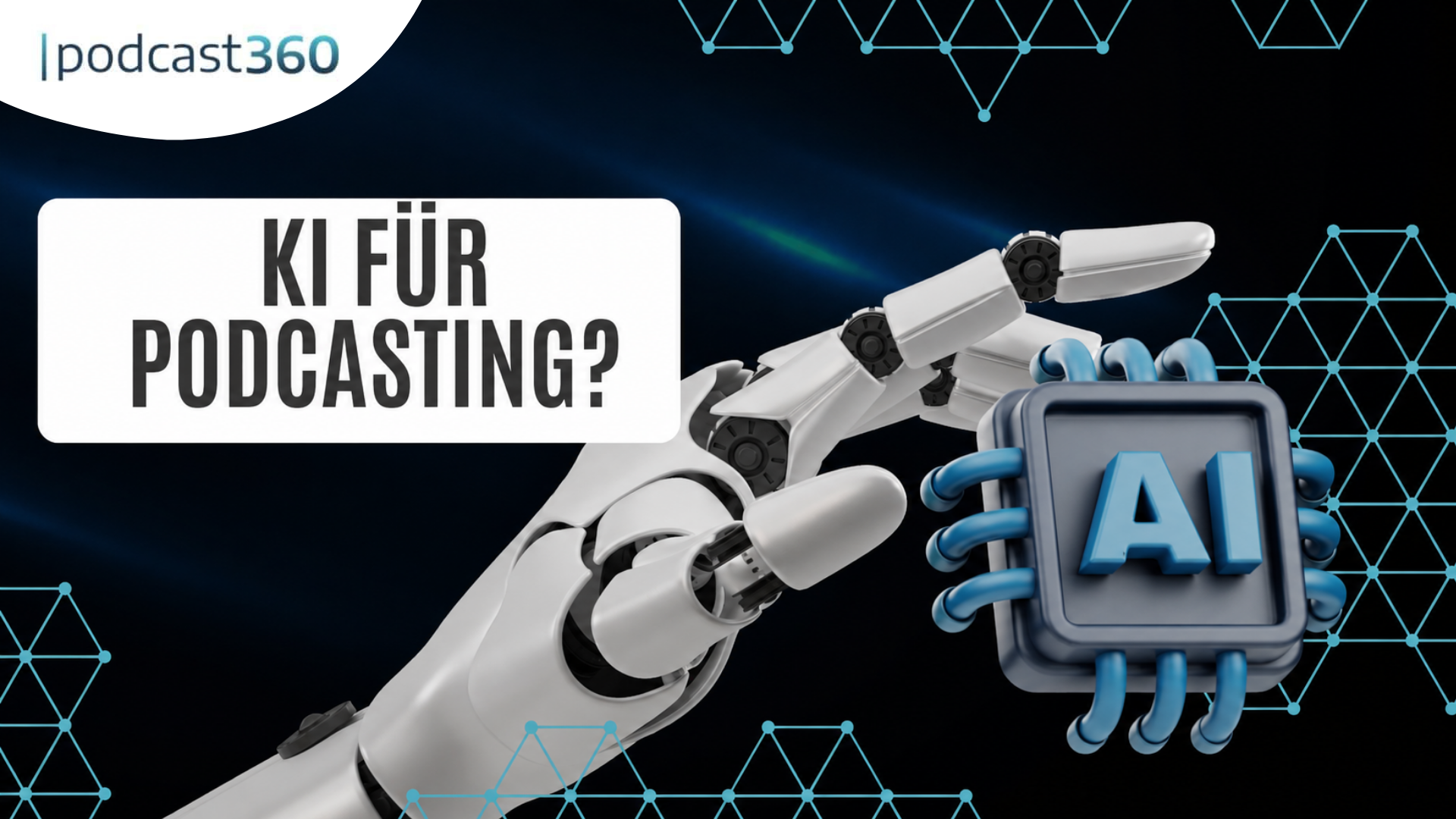 Eine Roboterhand berührt einen KI-Chip mit dem Text