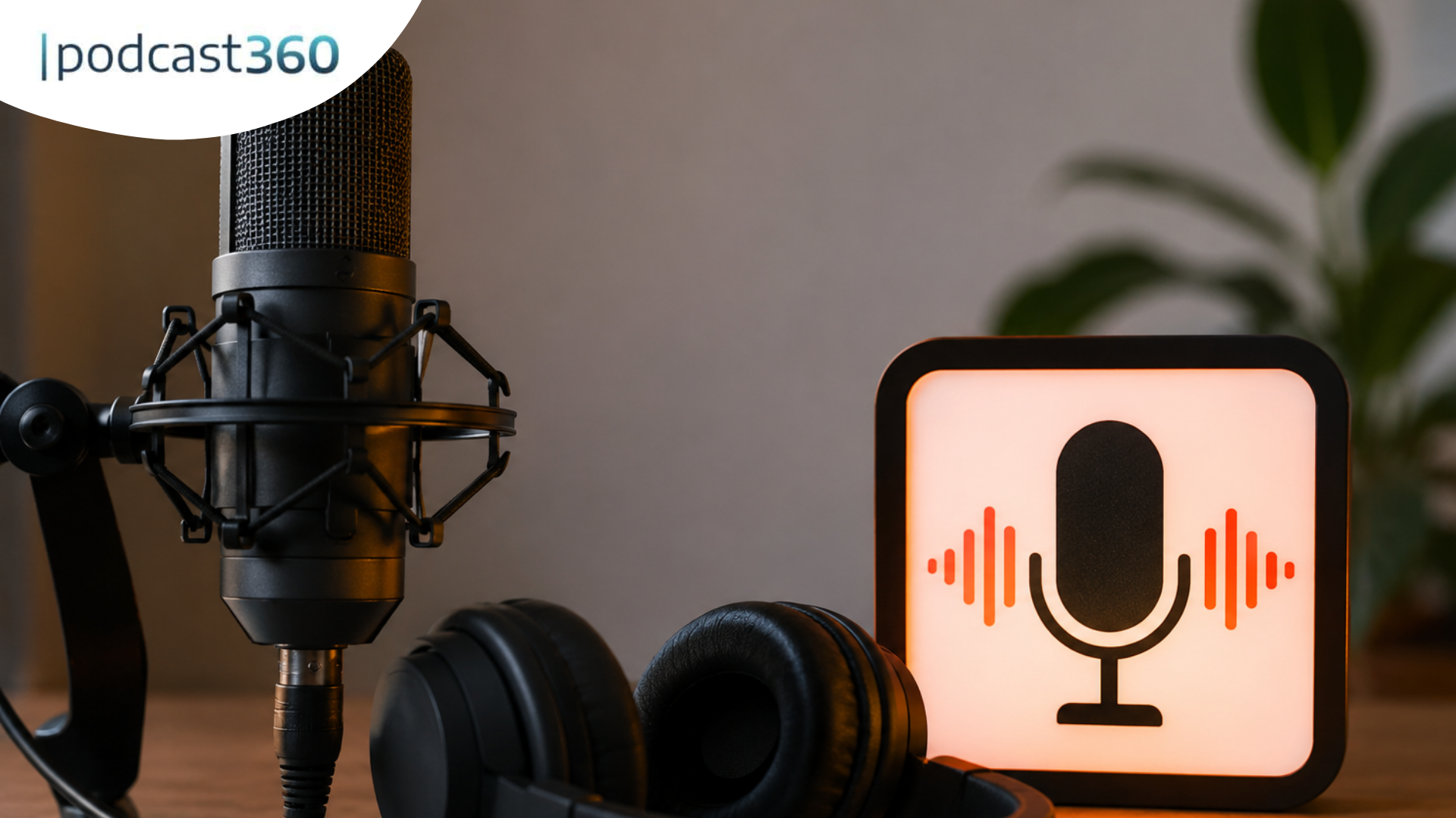 Podcast-Marketing-Setup: Mikrofon, Kopfhörer und ein leuchtendes Mikrofon-Symbol auf einem Schreibtisch; das „Ipodcast360“-Logo in der Ecke – für Ihren perfekten Podcast-Start.