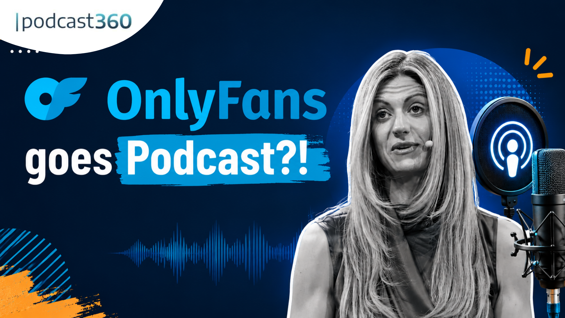 Eine Frau spricht in ein Mikrofon, während im Bild der Text „OnlyFans geht in den Podcast-Bereich?!“ und das Logo von podcast360 zu sehen sind, was den überraschenden Einstieg von OnlyFans in die Podcast-Branche hervorhebt.