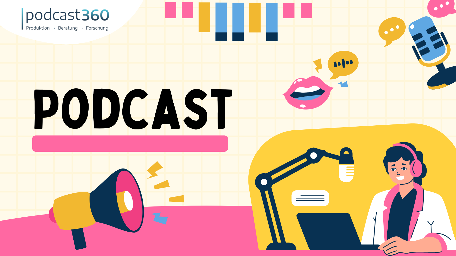 Eine Person mit Kopfhörern sitzt an einem Schreibtisch und nimmt einen Podcast auf, umgeben von Symbolen und Grafiken zum Thema Podcast – ein Beispiel dafür, wie das Potenzial von Podcast-Werbung in einer kreativen und inspirierenden Umgebung zur Geltung kommt.