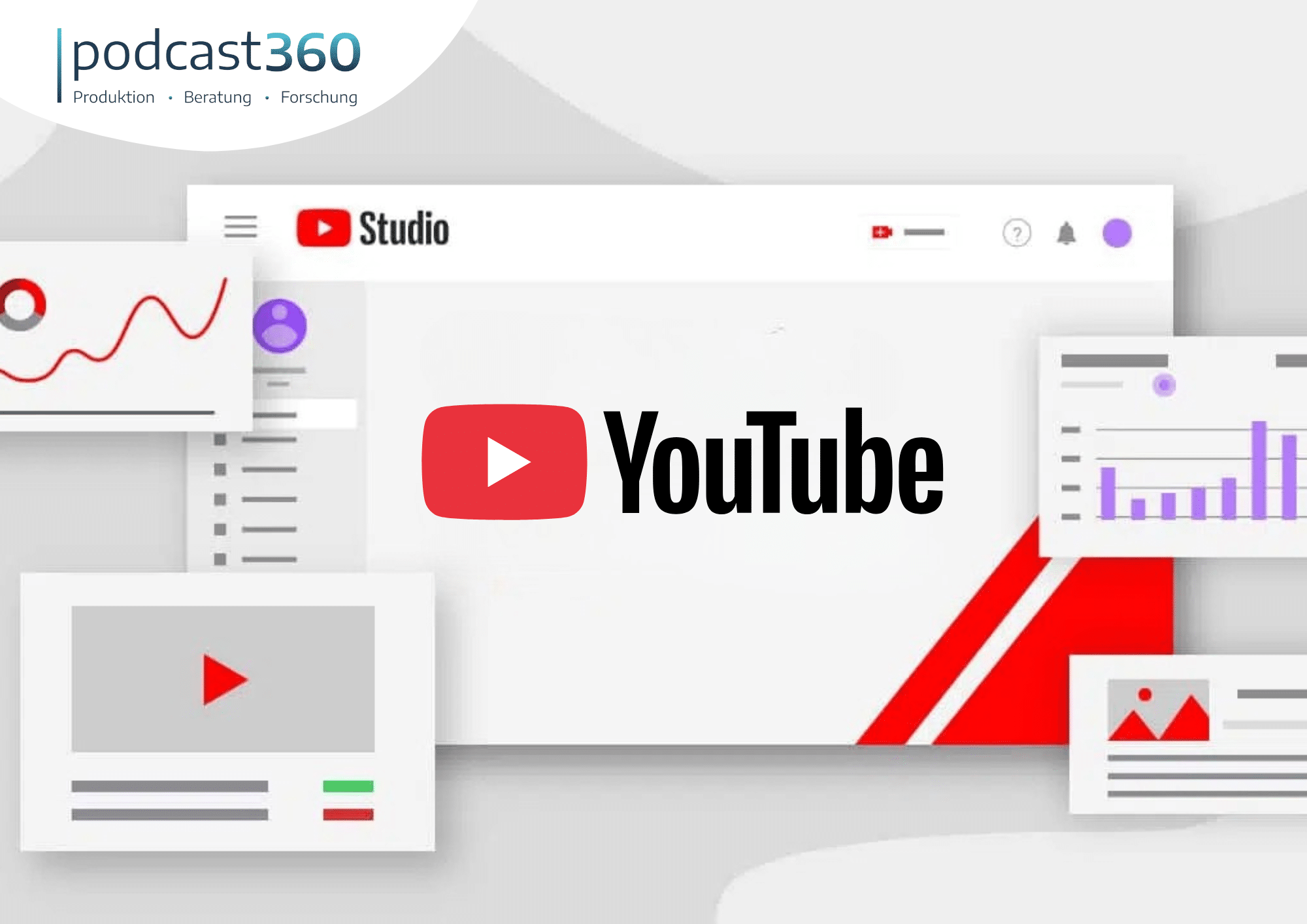 Das YouTube Studio-Dashboard mit Zugriff auf Diagramme und Analysen, mit dem podcast360-Logo in der oberen linken Ecke.